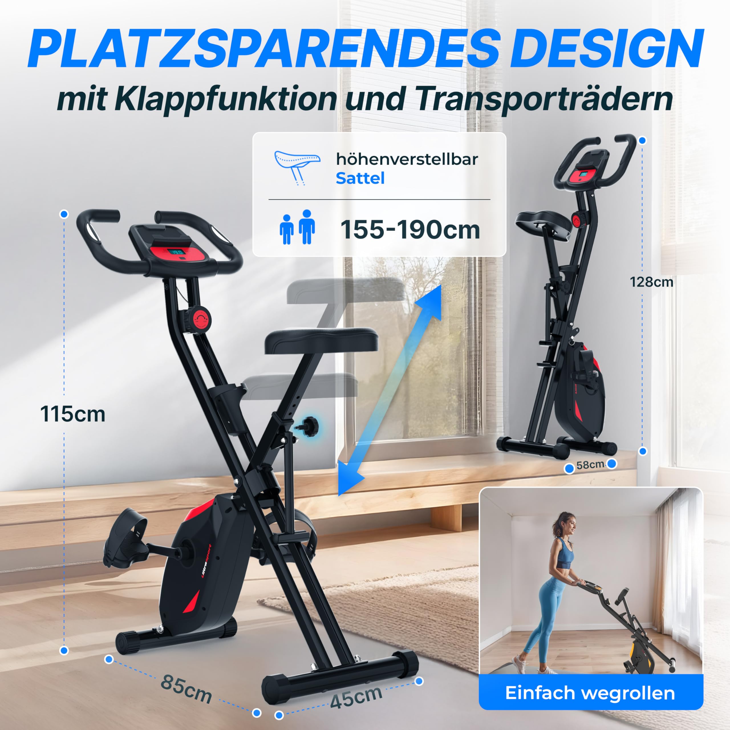 Ultrasport F-Bike Pro Cyclette da Casa Pieghevole I Cyclette Pieghevole da Casa fino a 150 KG con 16 Livelli, Sella Extra Confortevole, Funzione App, LCD Display e Sensori, Cyclette da Camera