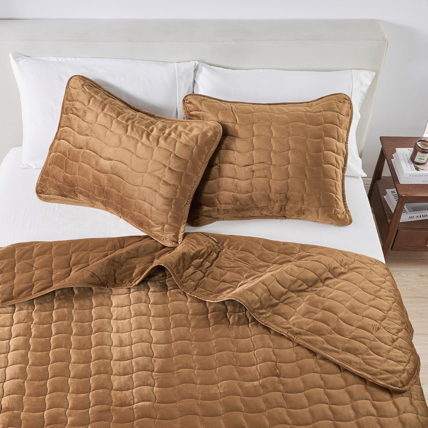 Great Bay Home Twin Size Velvet Quilt and Sham Set - Dual-Sided Luxury Velvet, Heavyweight 2-Piece Bedding Set - Ultra Soft, Quilted Box-Stitched and Down-Alternative Fill (Twin/Twin XL, Cognac) - Image 2