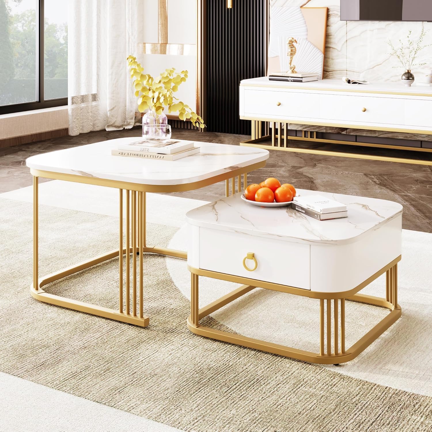 20"x20" Modern Square Drawer Coffee Table with Marble Finish Top & Gold Metal Frame, Cocktail Table Living Room, Elegant Center Table Set of 2 – for Home, Apartment (White & Gold)-image-15