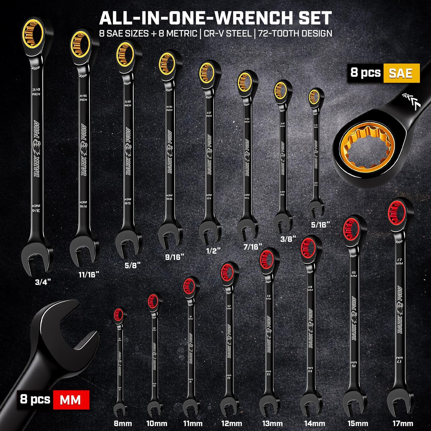 ironcube Ratcheting Wrench Set 16 Piece - Metric and Standard - Black Combination Ratchet Wrenches - Including Wax Canva Bag - LIFETIME SUPPORT