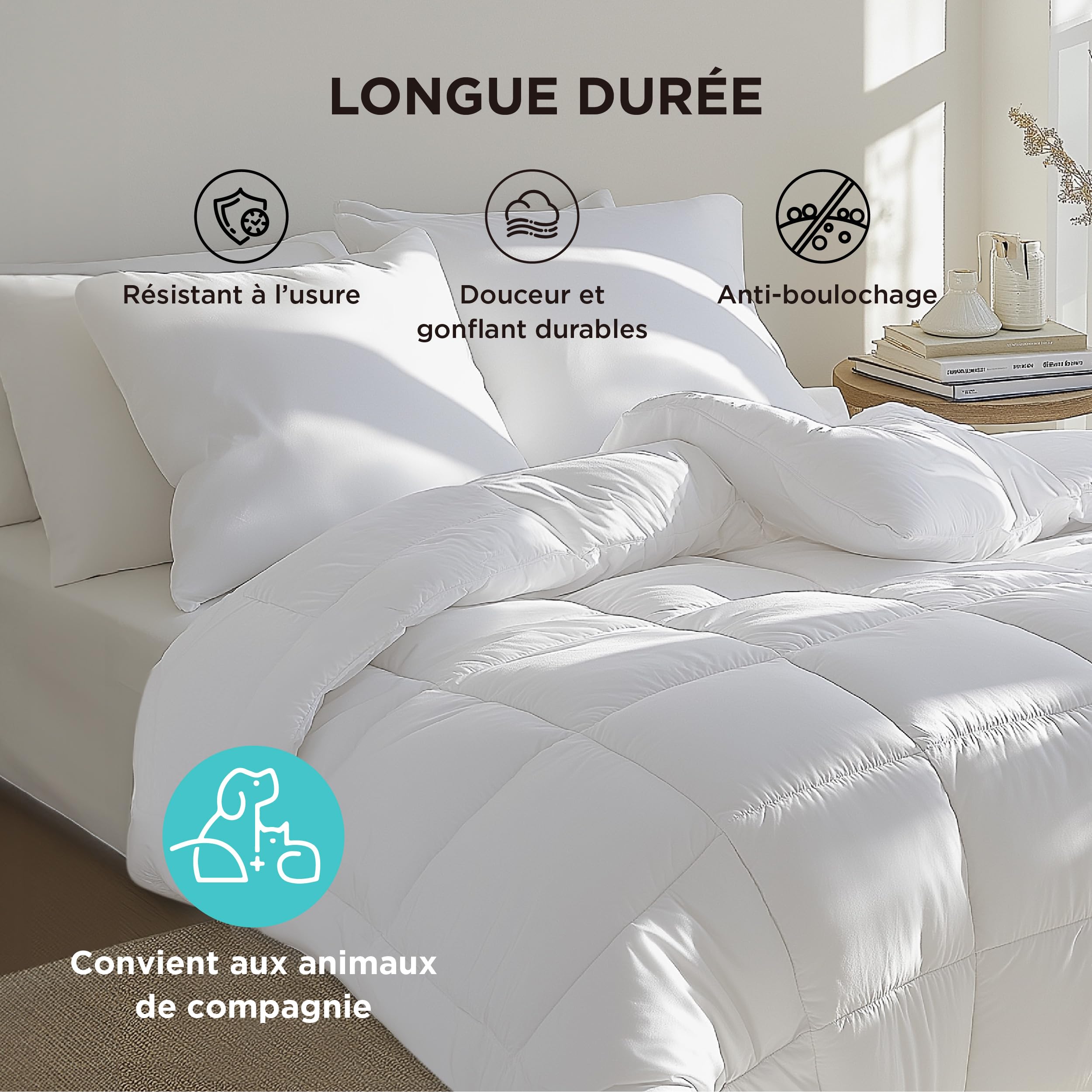 Bedsure Couette 220x240 4 Saisons - Couette 220x240cm Certifiée Oeko-TEX 300g/m² Couverture, Duvet Doux et Chaud pour Allergiques, Gonflant Respirant, Blanc