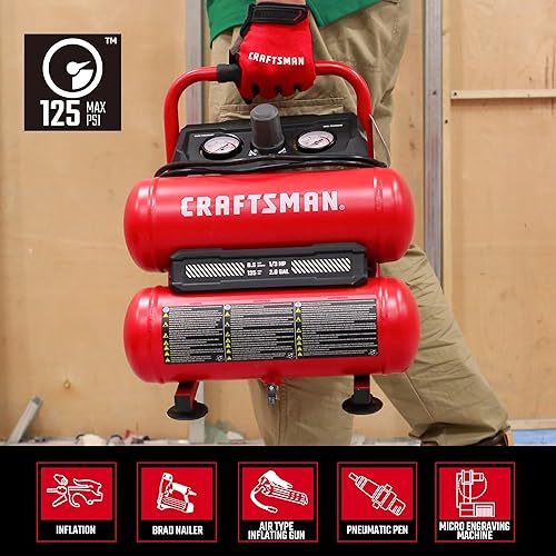 Miniatura 3 de CRAFTSMAN Compresor de aire portátil Herramienta de aire Twin Tank 2 galones, 1/3 HP sin aceite Max 125 PSI Presión, Modelo: CMXECXA0220242, Rojo