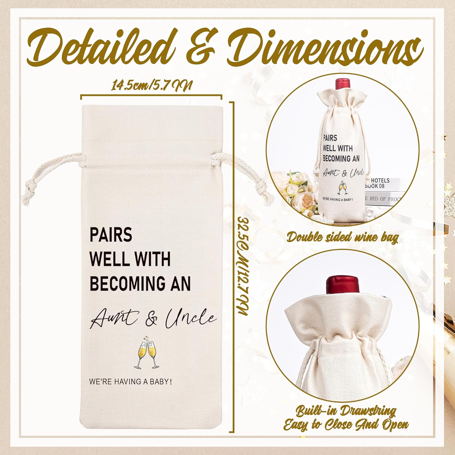 Becoming Aunt & Uncle Wine Bag, Funny New Mom Dad Pregnancy Announcement Gift, Reusable Burlap Drawstring Wine Bag, "Pairs Well With Becoming Aunt & Uncle," for New Baby Announcement, Baby Shower - Image 2