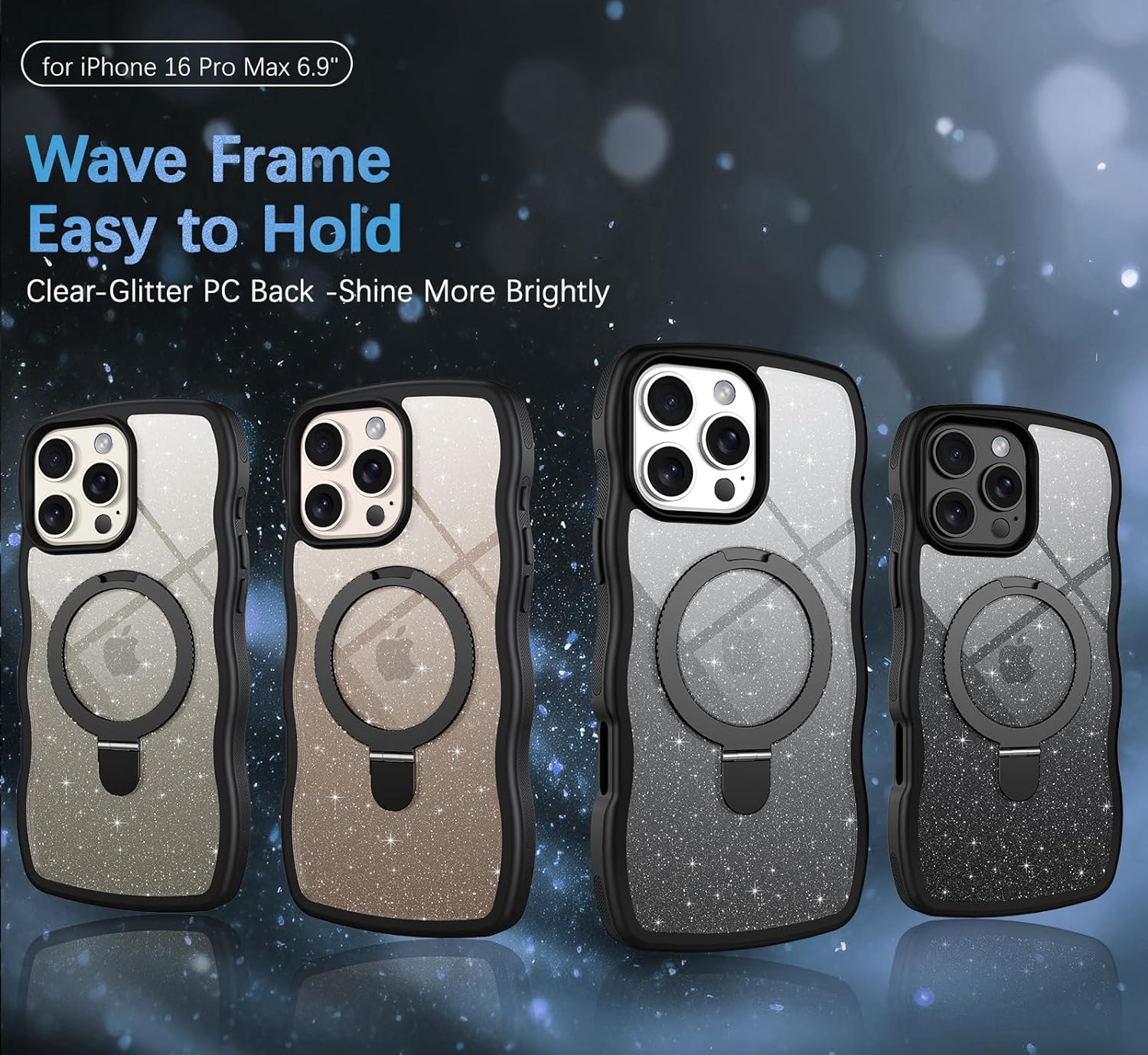 BENTOBEN for iPhone 16 Pro Max Case with Stand, Clear Crystal Glitter Cute Curly Wavy 16 ProMax Phone Case Compatible with MagSafe, Magnetic Ring Kickstand Shockproof Anti-Slip Cover, Black Glitter - Image 6