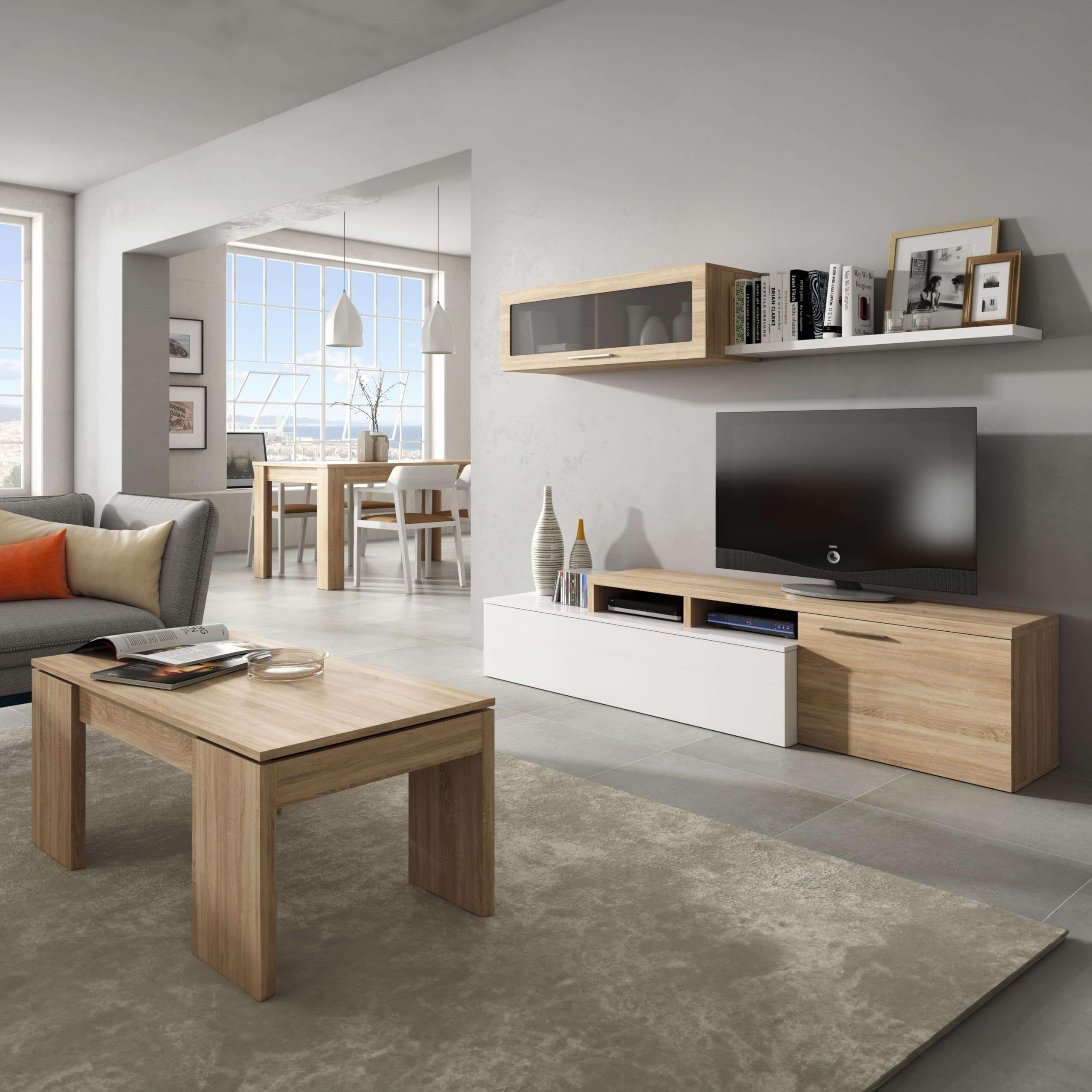 Habitdesign - Mesa de Centro Elevable Kendra, Mesita Auxiliar de Salón o Comedor con Almacenaje Interior, Roble Canadian, Medidas: 100x50x45-56 cm