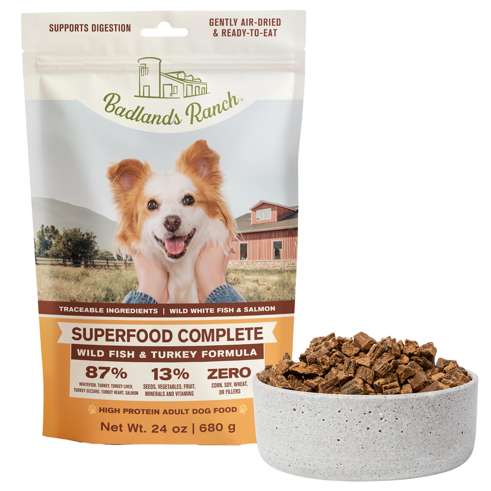 BADLANDS RANCH- Superfood Complete, Air-Dried Adult Dog Food High  Protein, Zero Fillers, Superfood Nutrition by Katherine Heigl (24 Wild  Fish