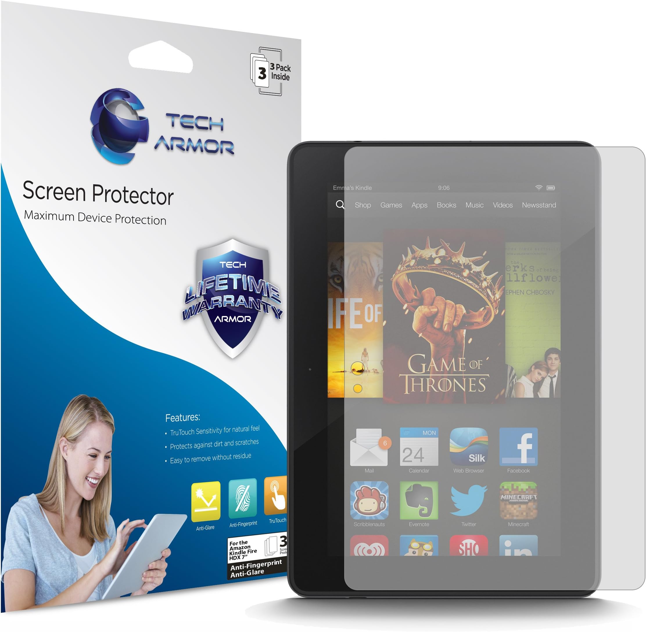 Tech Armor Kindle Fire HDX Screen Protector, Anti-Glare/Anti-Fingerprint Amazon Kindle Fire HDX 7" (2013) Film Screen Protector [3-Pack]