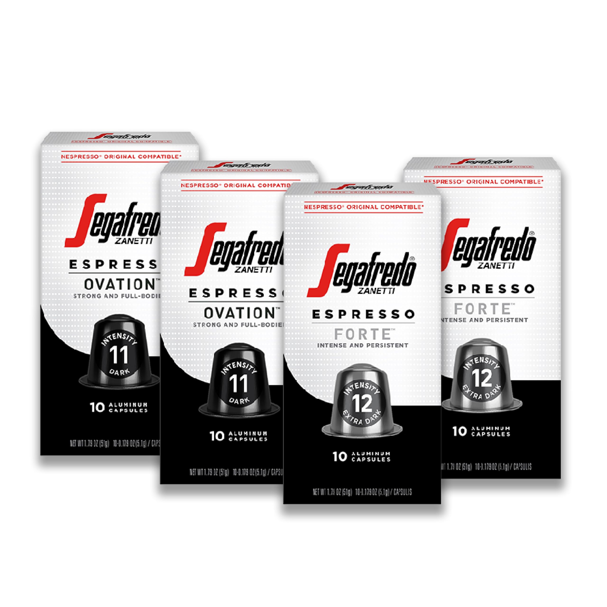 Segafredo Zanetti Ovation & Forte Espresso Capsules, Dark Roast - Extra Dark Roast, Compatible with Nespresso Original Machines, 10 Count Aluminum Pods (Pack of 4)