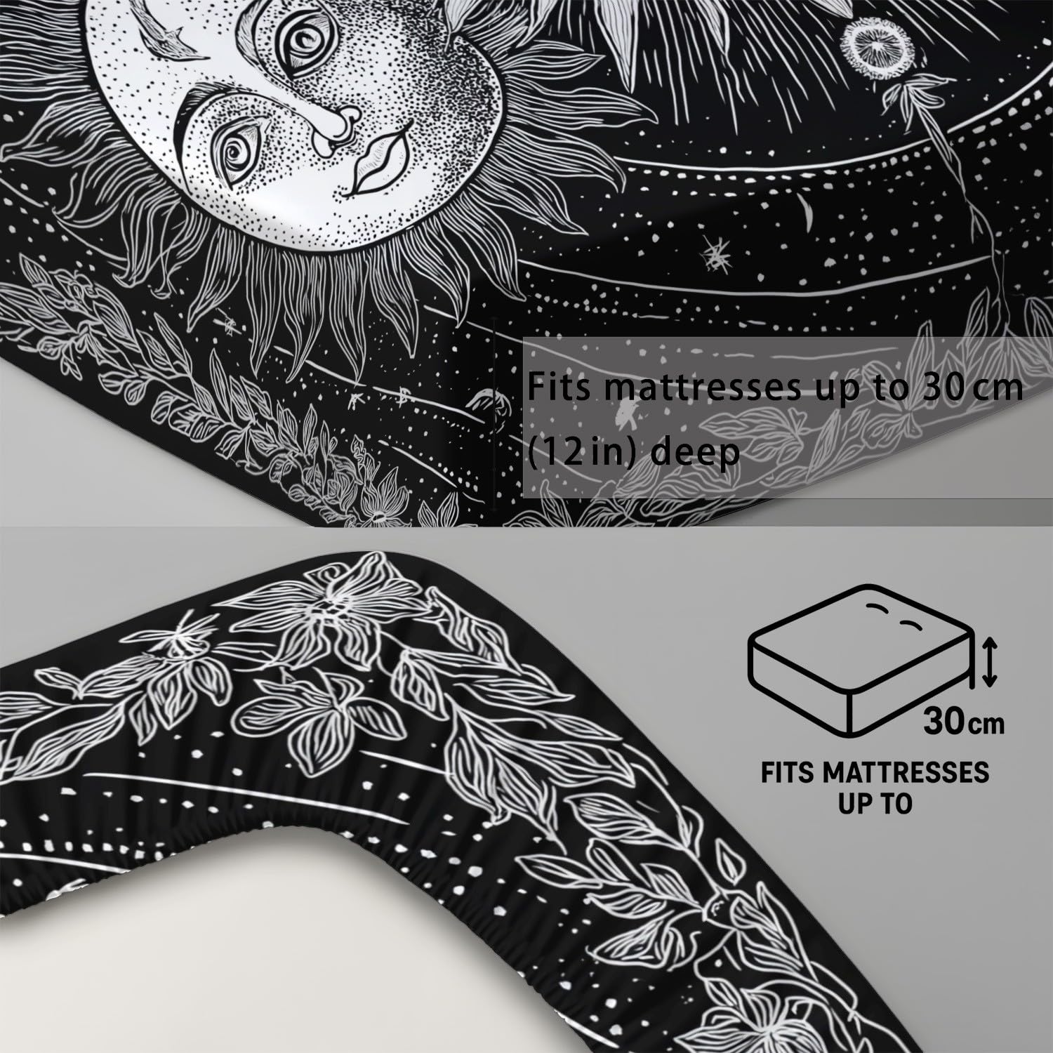 King Fitted Sheets - Bed Sheets Breathable and Luxury Microfibre Bedding Sets 160 x 200 cm, Celestial Faces, Sun & Moon, Mystic Classical, Retro Totem, Artistic Bedroom
