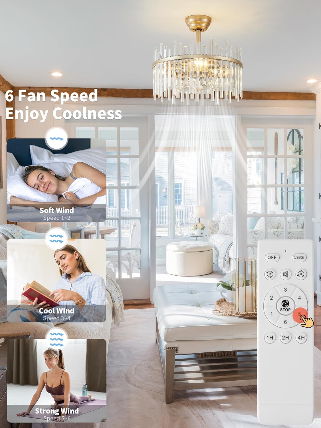 20" Gold Crystal Fandelier Ceiling Fans with Lights, Crystal Chandelier Ceiling Fans with Lights Remote Control, Caged Modern with 6 Speeds for Bedroom, Living Room, Nursery