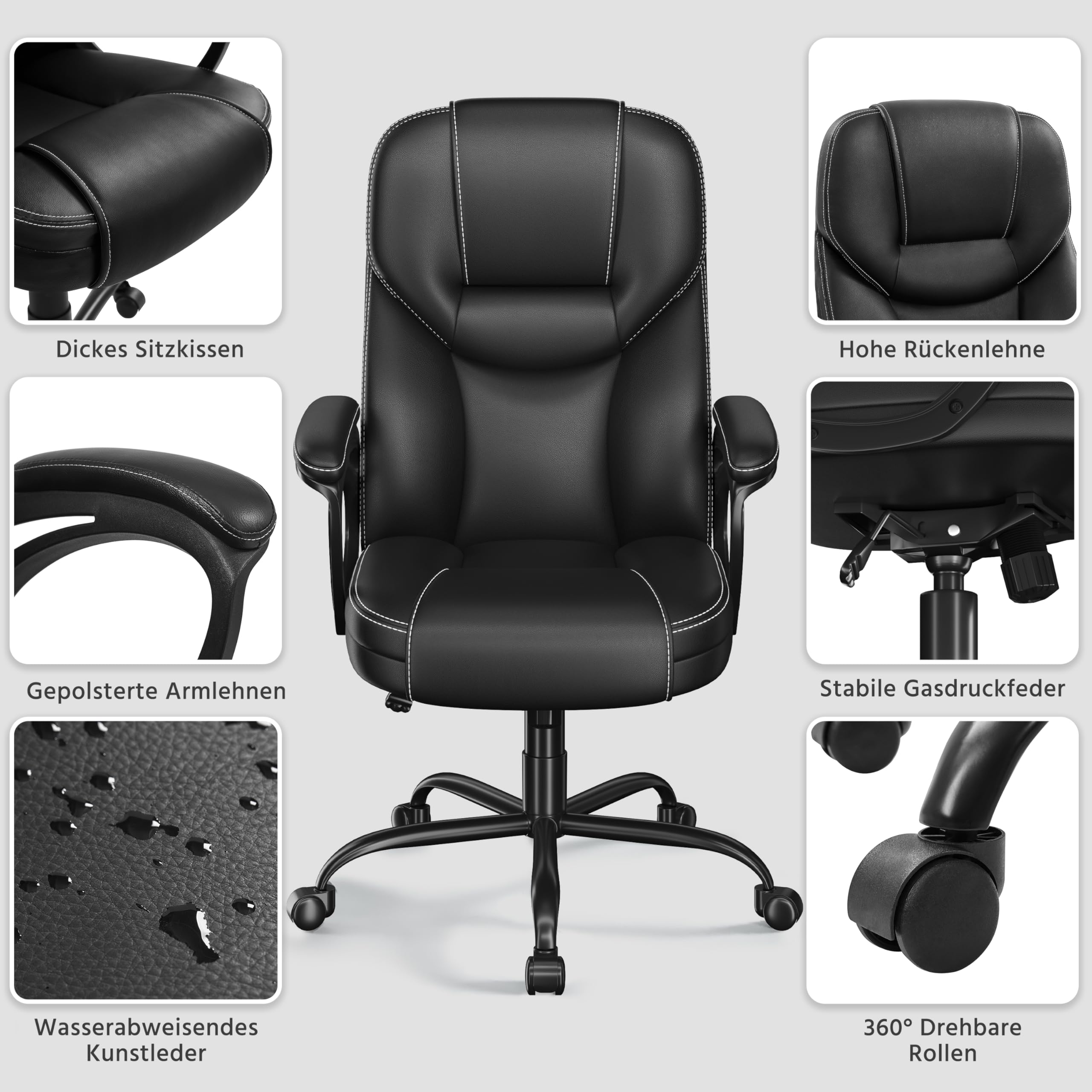 Yaheetech Bürostuhl Chefsessel Ergonomischer Drehstuhl Hoher Rücken Computerstuhl bequem Schreibtischstuhl Höhenverstellbar Office Stuhl Kunstleder Hochdichter Schaumstoff Wippfunktion Schwarz
