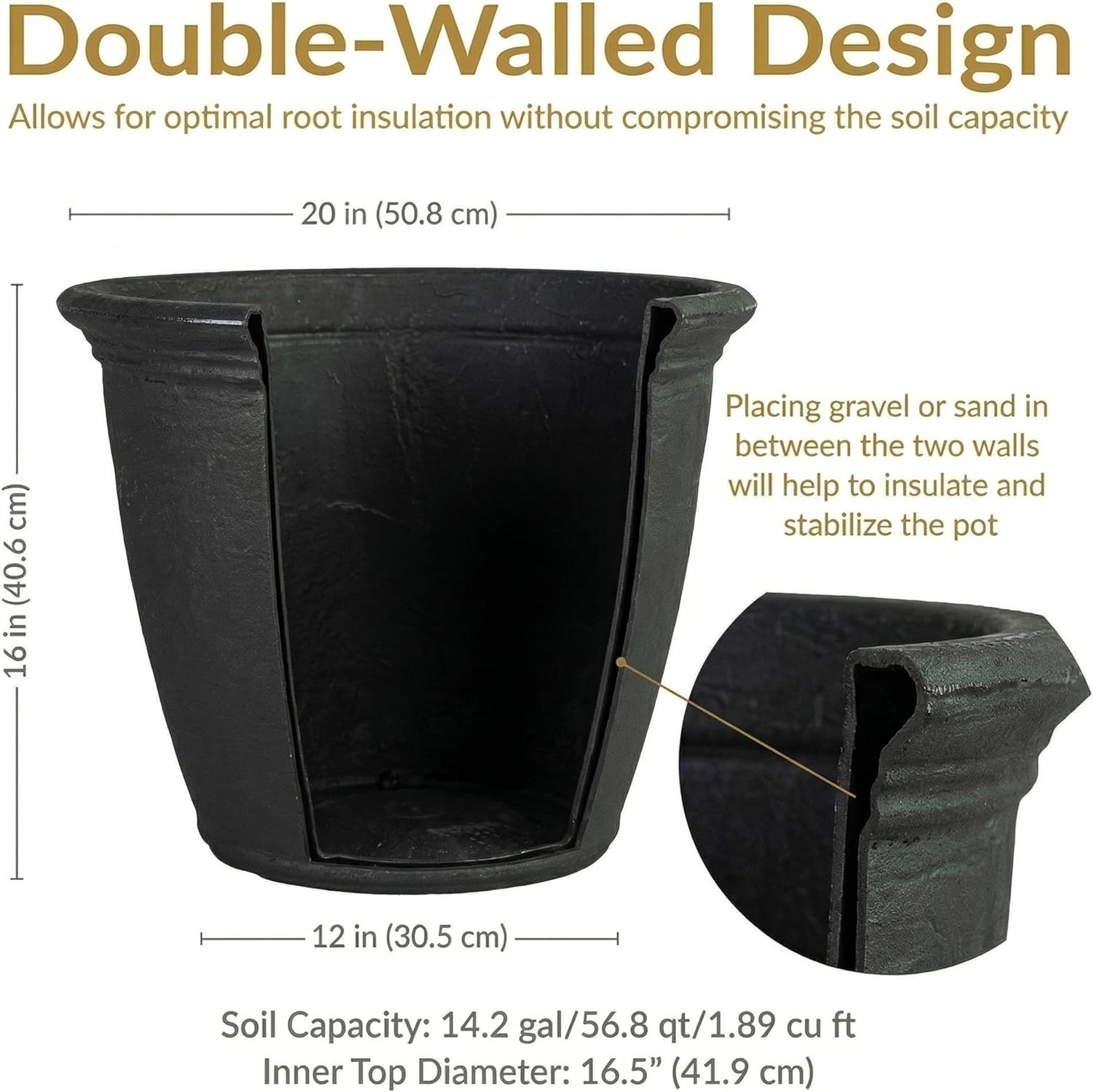 Sunnydaze 20-Inch Anjelica Large Plastic Pot for Plants - Outdoor Double-Walled Large Plastic Planter with Drillable Drainage Holes - Matte Black - 2pk