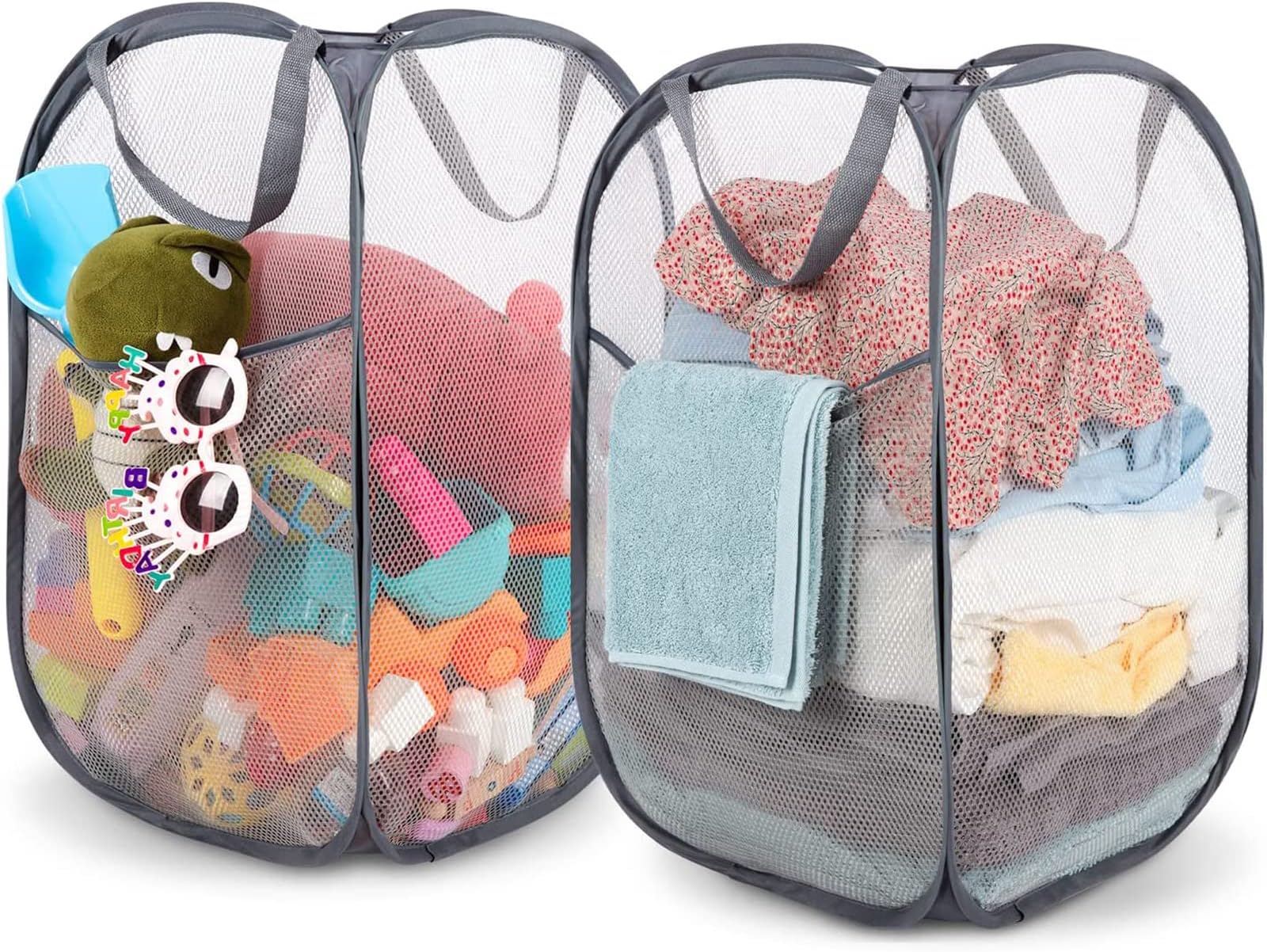XBLDS 2 Pack Mesh Laundry Baskets, Pop up Laundry Hampers Bag with Handles, Foldable Clothes Storage Bin for Laundry Toys Home Dorm Hotel (Gray 2-Pack)