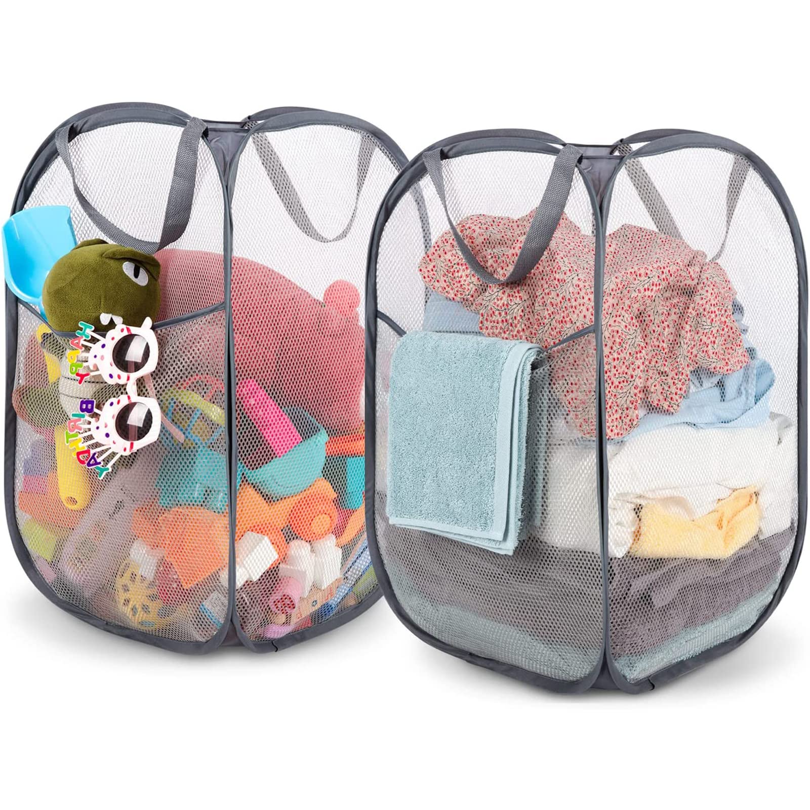 XBLDS 2 Pack Mesh Laundry Baskets, Pop up Laundry Hampers Bag with Handles, Foldable Clothes Storage Bin for Laundry Toys Home Dorm Hotel (Gray 2-Pack)