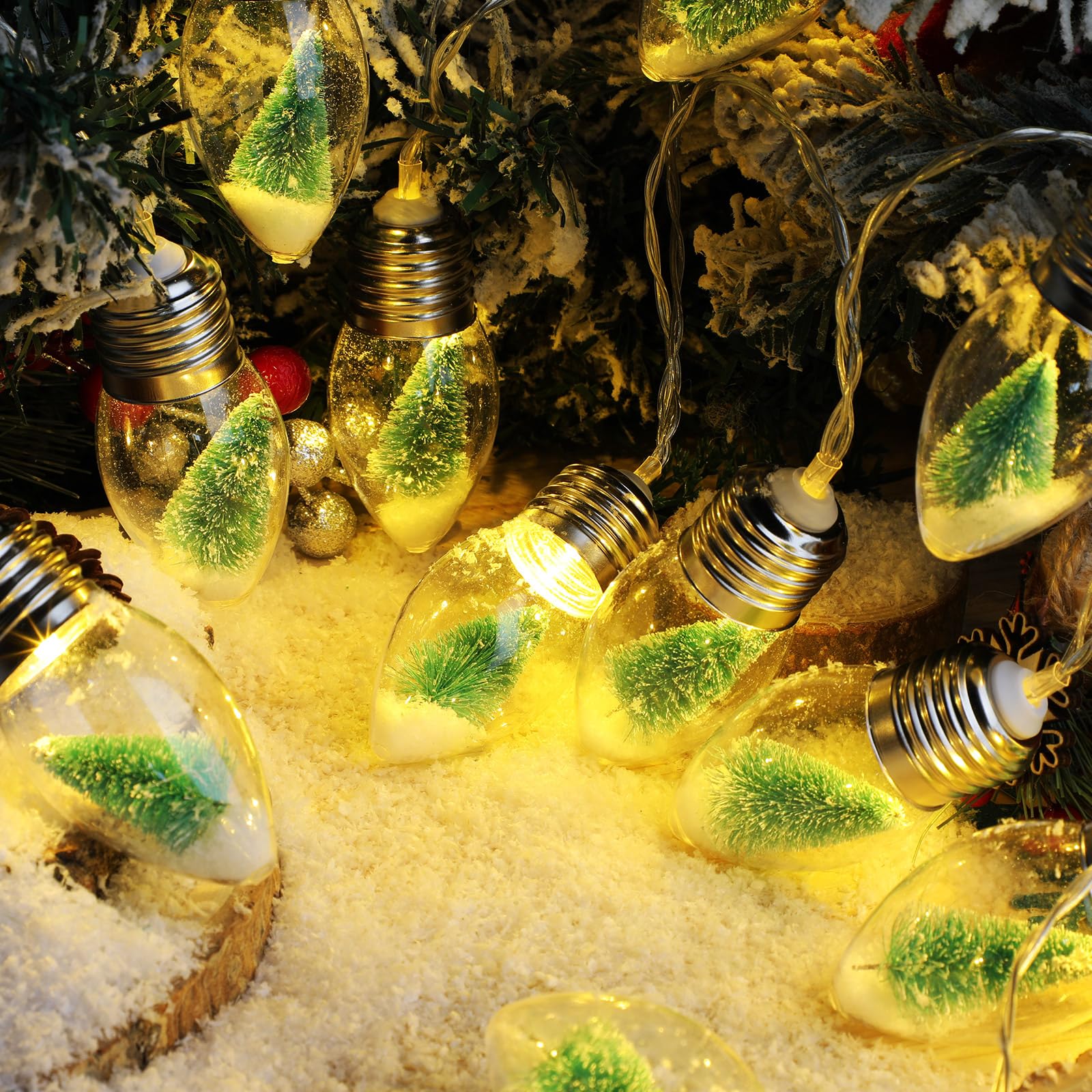 Aurelema Stringa di lampadine natalizie da 4 m, con 20 lampadine LED trasparenti, con mini neve, decorazione per albero di Natale, camera da letto, tavolo, feste, timer a batteria (bianco caldo)