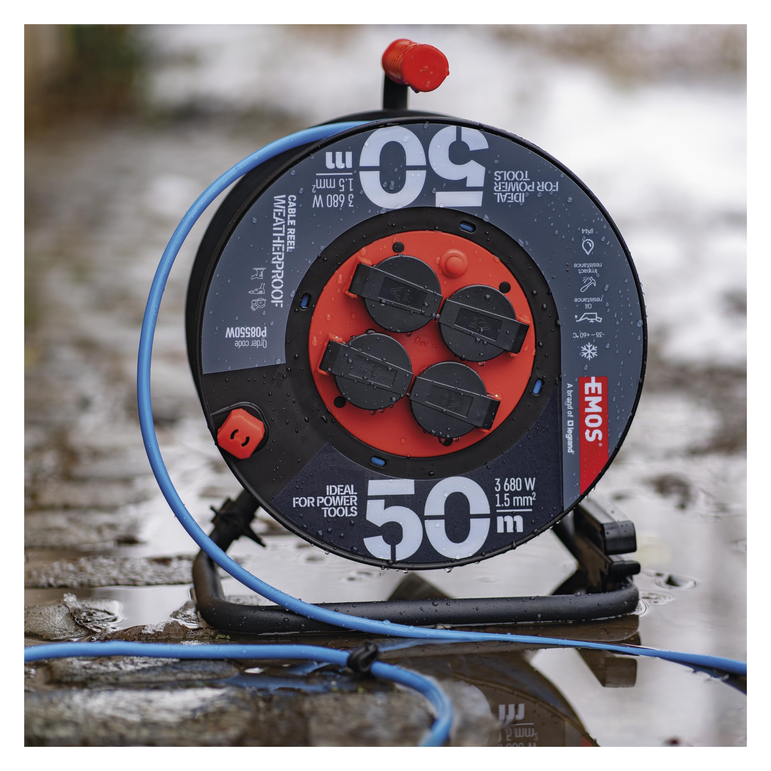 EMOS Kabeltrommel, frost- und bruchsicher, Kabellänge 50 Meter, FRENCH-Standard