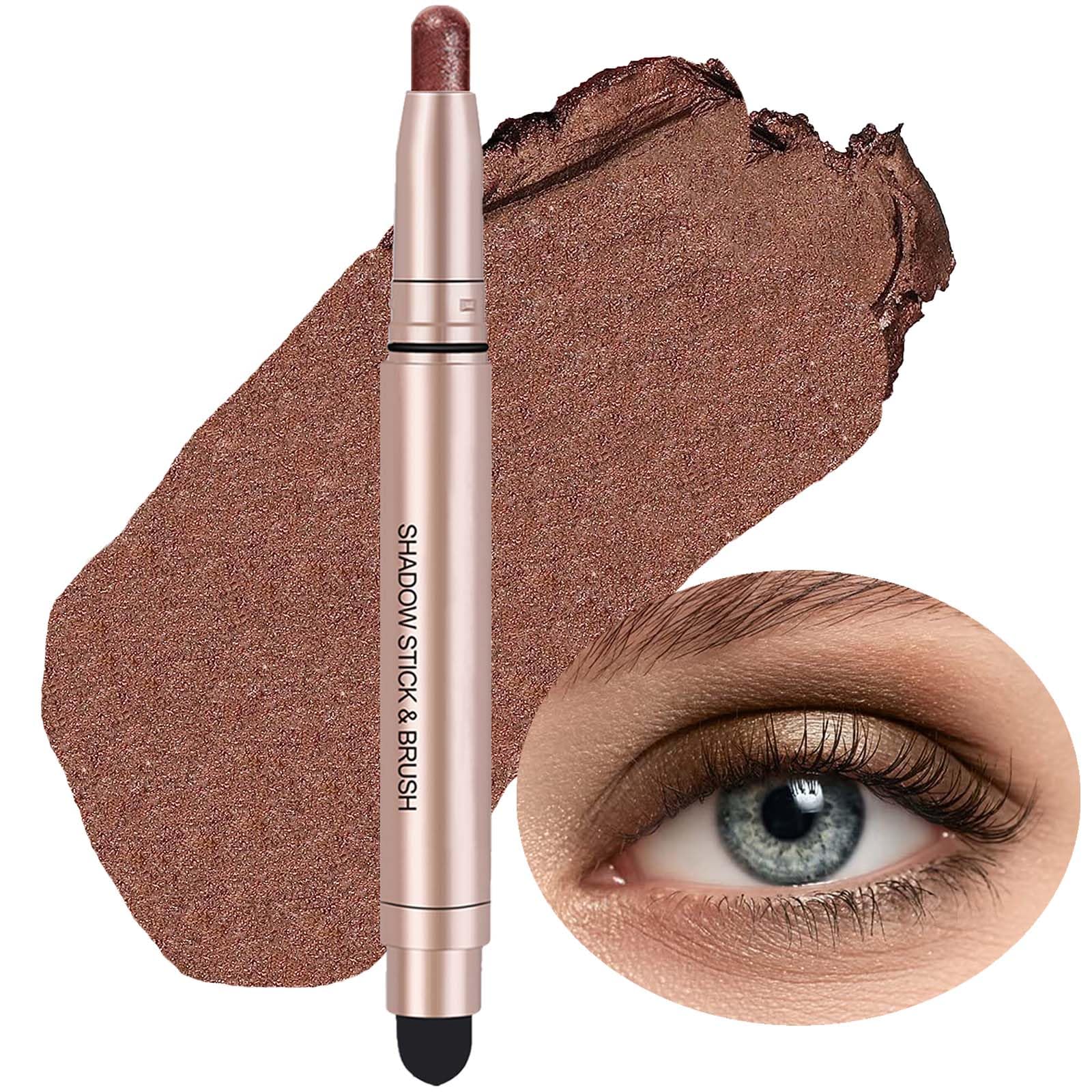 SAUBZEAN Sombra de ojos marrón en barra de maquillaje, iluminador en crema, lápiz de sombra de ojos, impermeable, hipoalergénico, de larga duración, crayón mate, paleta de imprimación con purpurina,