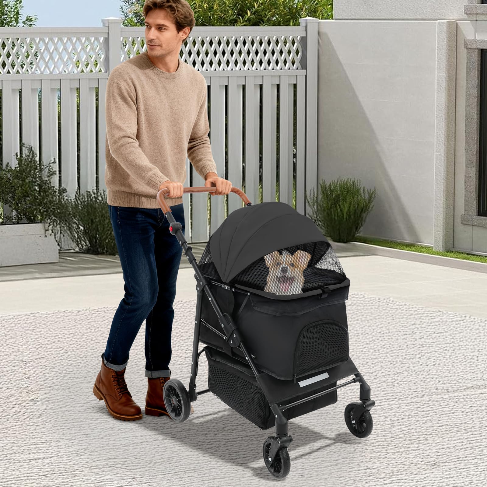 Hundewagen Faltbarer Hundebuggy, klappbar Katzenwagen bis 15kg mit 4 Rädern, Faltbarer Tierbuggy mit Netzfenster, Haustier-Kinderwagen für kleine Hunde Katz