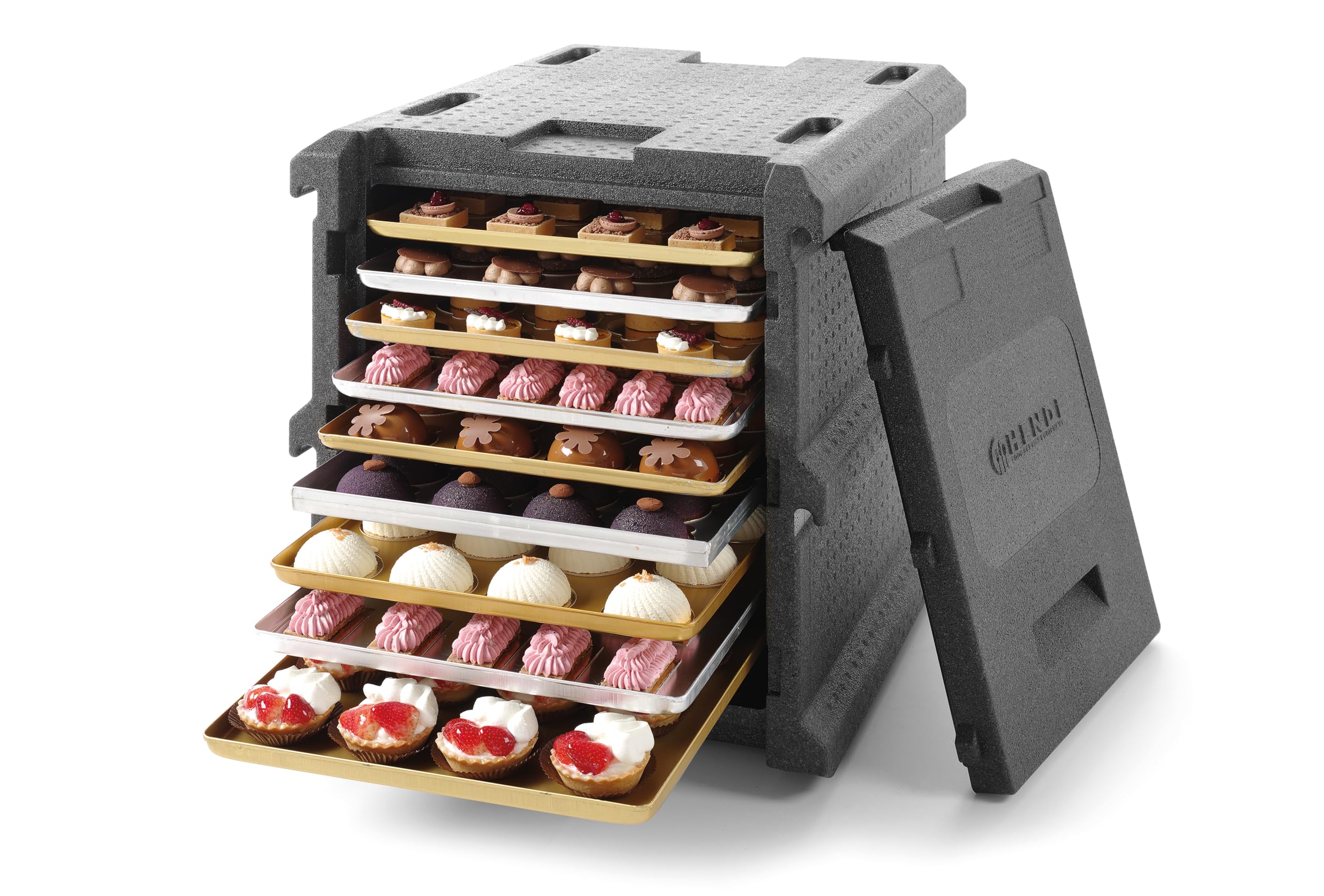 HENDI Caja Térmica Profesional para el Transporte de Alimentos Calientes y Fríos, Contenedor Isotérmico con Cierre Frontal y 9 Guías para Bandejas 600x400mm, Apilable, 540x700x(H)640mm, EPP