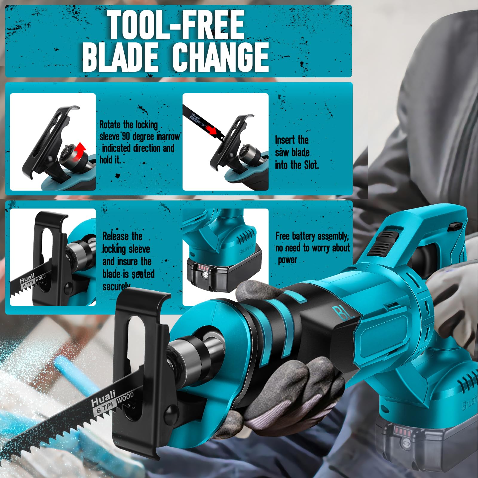WingFly Sierra Sable Inalámbrica para Makita 18 V Batería, Sierra Alternativa Profesional con 4 Hojas de Sierra, 3000 rpm, Sierra Recíproca Eléctrica con Velocidad Variable