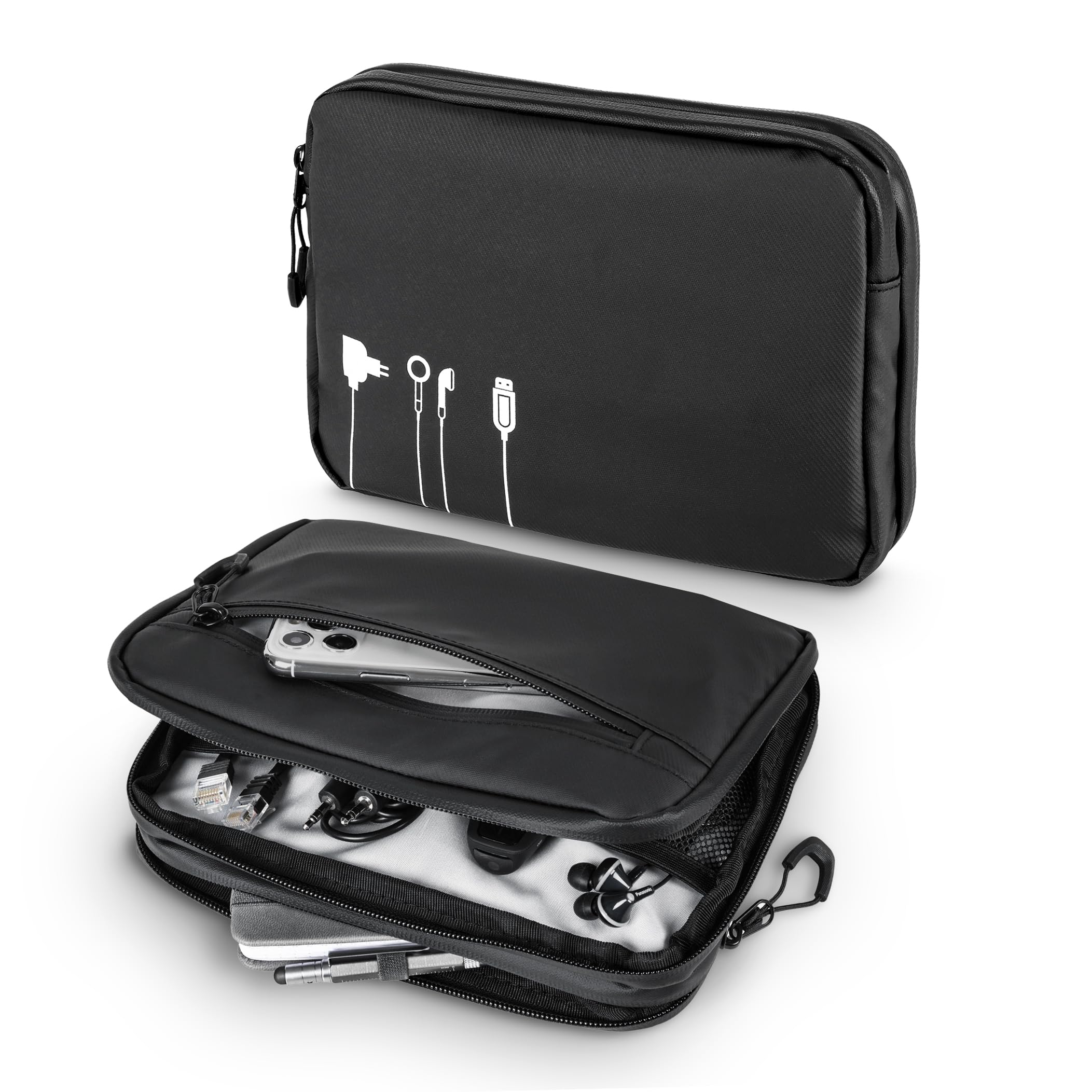 TROIKA Black Tech Pouch 2 - BBL64/BK - Bolsa organizadora de Cables para Accesorios electrónicos – 3 Compartimentos con Cremalleras hidrófugas, Tarpaulin (Iona) – Negro