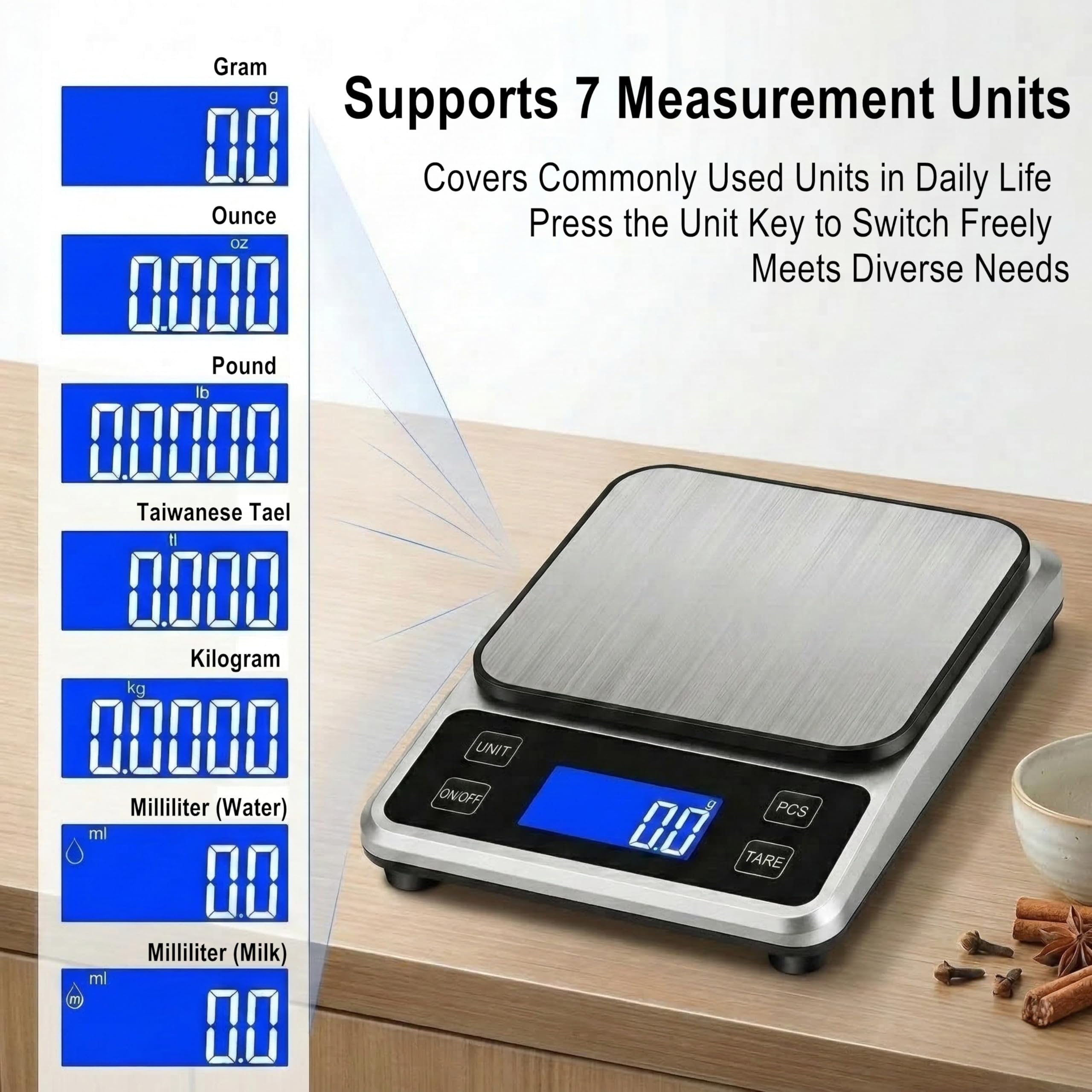 Báscula digital de cocina, báscula electrónica de alta precisión de 0.1 g/0.001 onzas, máximo 5 kg/11 libras, conversión de múltiples unidades, función de apagado automático/tara/conteo, plataforma de