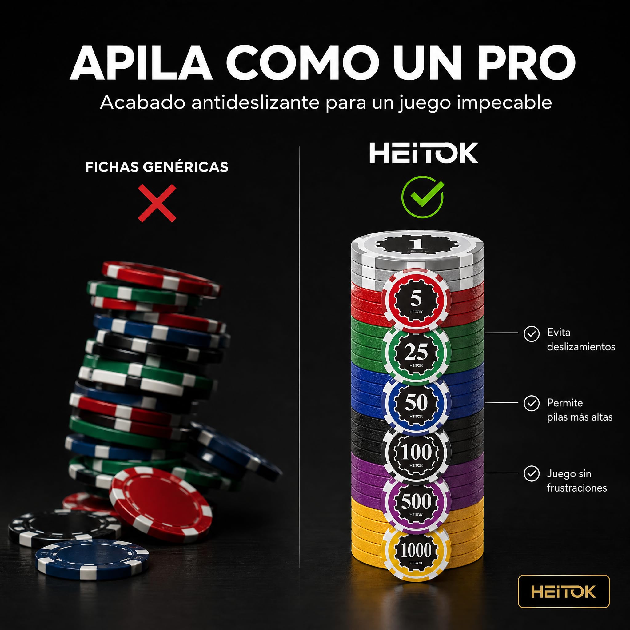 HEITOK Maletín de Póker Profesional 300 Fichas Numeradas 11.5g Núcleo Metal - Estuche Aluminio, 2 Barajas, Dados y Botones para Texas Holdem