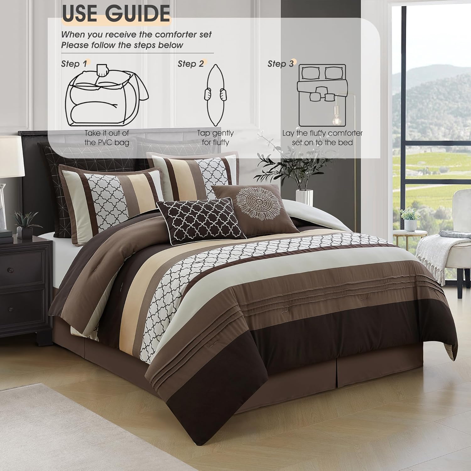 King Comforter Set, Brown Bedding Set, Jacquard Woven with Embroidery, 8 Pieces Bed in a Bag, Bed Skirt, Shams and Decorative Pillows - Image 6
