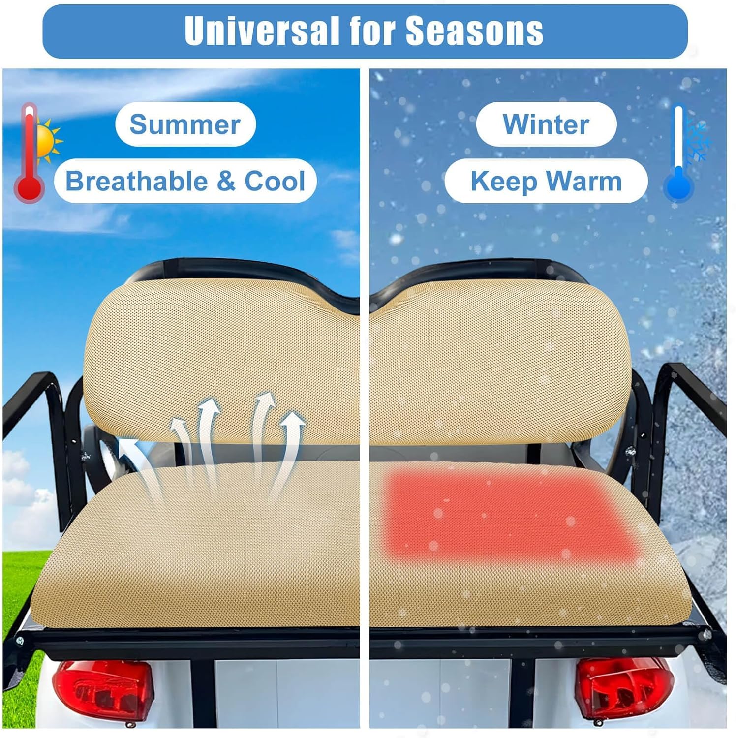 MOSNAI Golf Cart Rear Seat Covers Set for EZGO Club Car Yamaha Aftermarket Rear Seat Cushion, Durable Breathable Bench Seat Covers Washable Polyester Mesh Cloth Without Logo, Beige