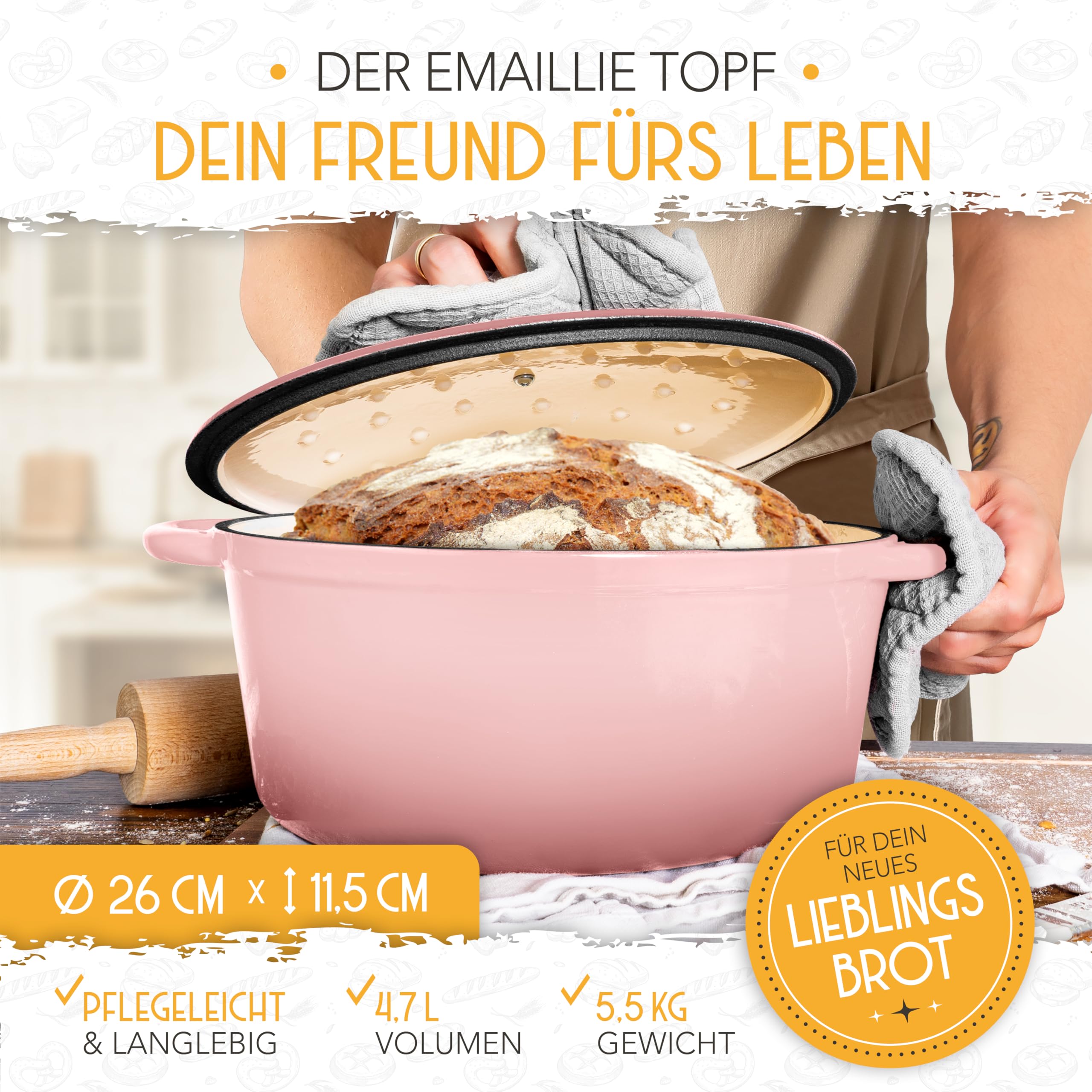 Inclusief Rotan Gistmand KRUSTENZAUBER Gietijzeren Broodpan 26 Cm - Geëmailleerd Met Gistmand Voor Zuurdesem & Broodbakken Broodbak Pan
