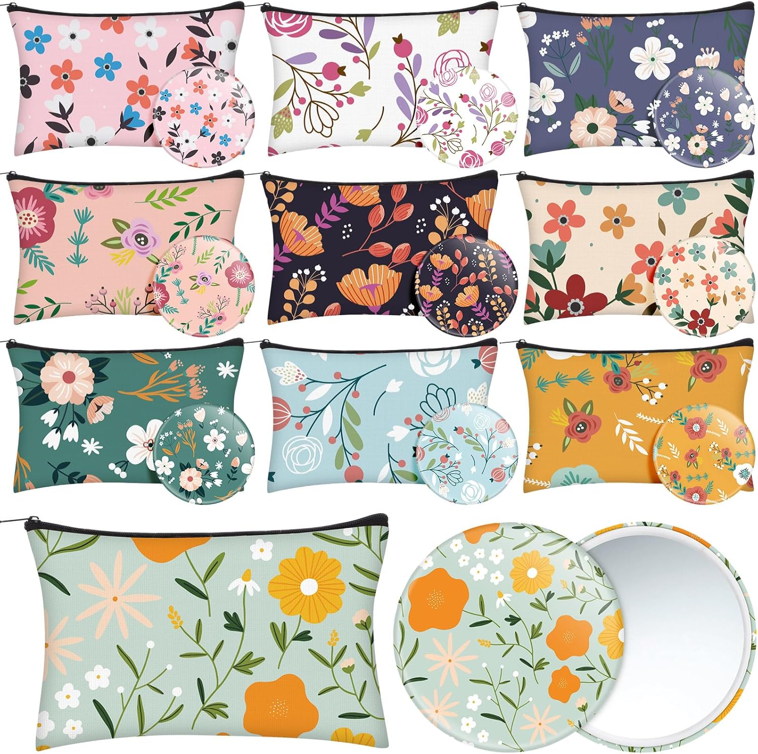 Sadnyy 20 Pcs Vintage Wildflower Gifts Bulk for Women 10 Floral Canvas Makeup Bags 10 Flower Compact Mirror Employee Appreciation Gifts for Birthday Wedding Mother's Day Staff Coworkers