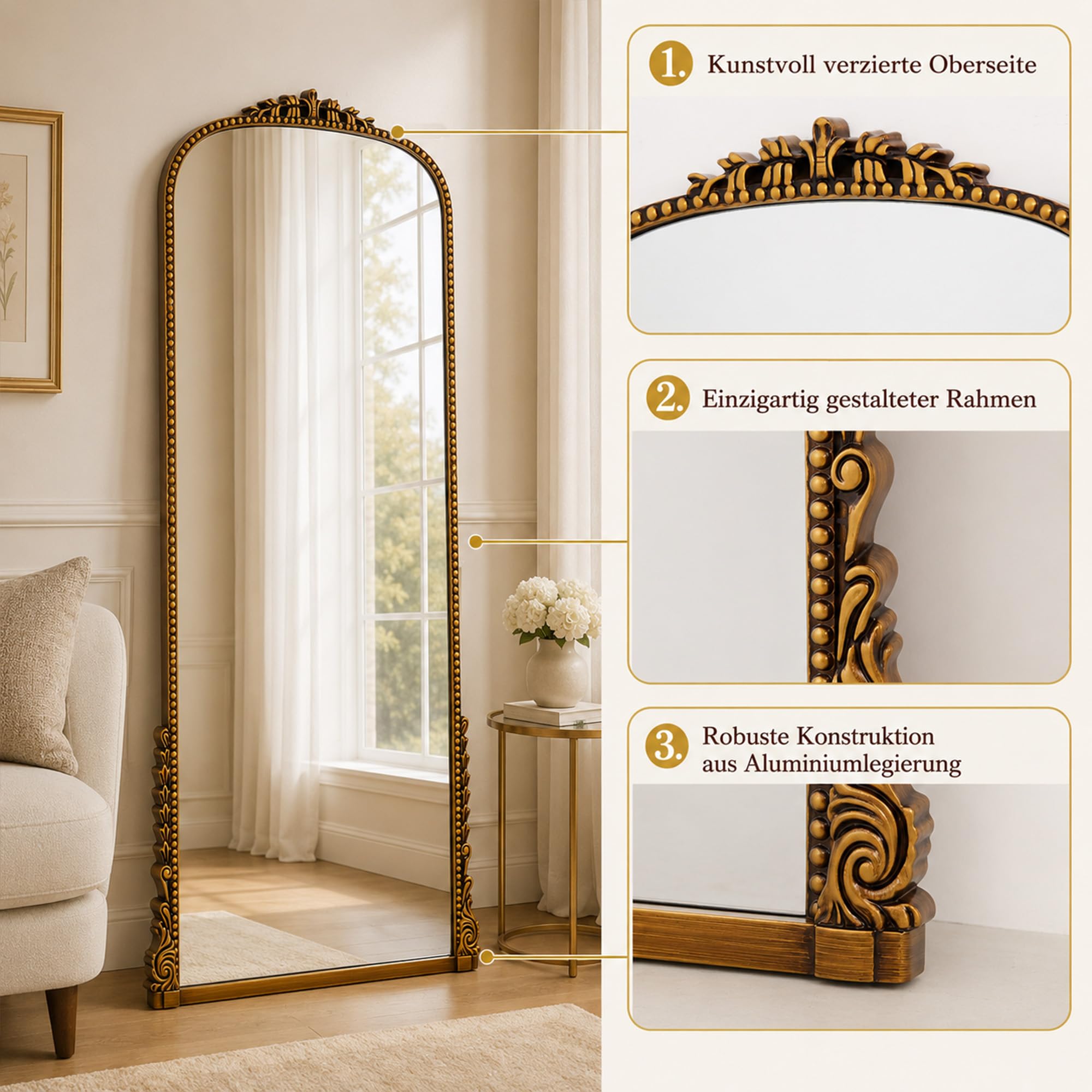 BEAUTYPEAK 205x105 cm Bogenspiegel in voller Länge mit HD Glas, Groß Ganzkörperspiegel, Gold Rahmen aus PU-Kunststoff mit Retro-Prägung, XXL Spiegel für Schlafzimmer und Wohnzimmer