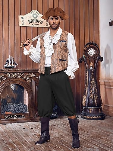 Miniatura 4 de Gafeng Pantalones piratas renacentistas medievales para hombre, disfraz colonial de caballero para Halloween, pantalones cortos con cordones LARP