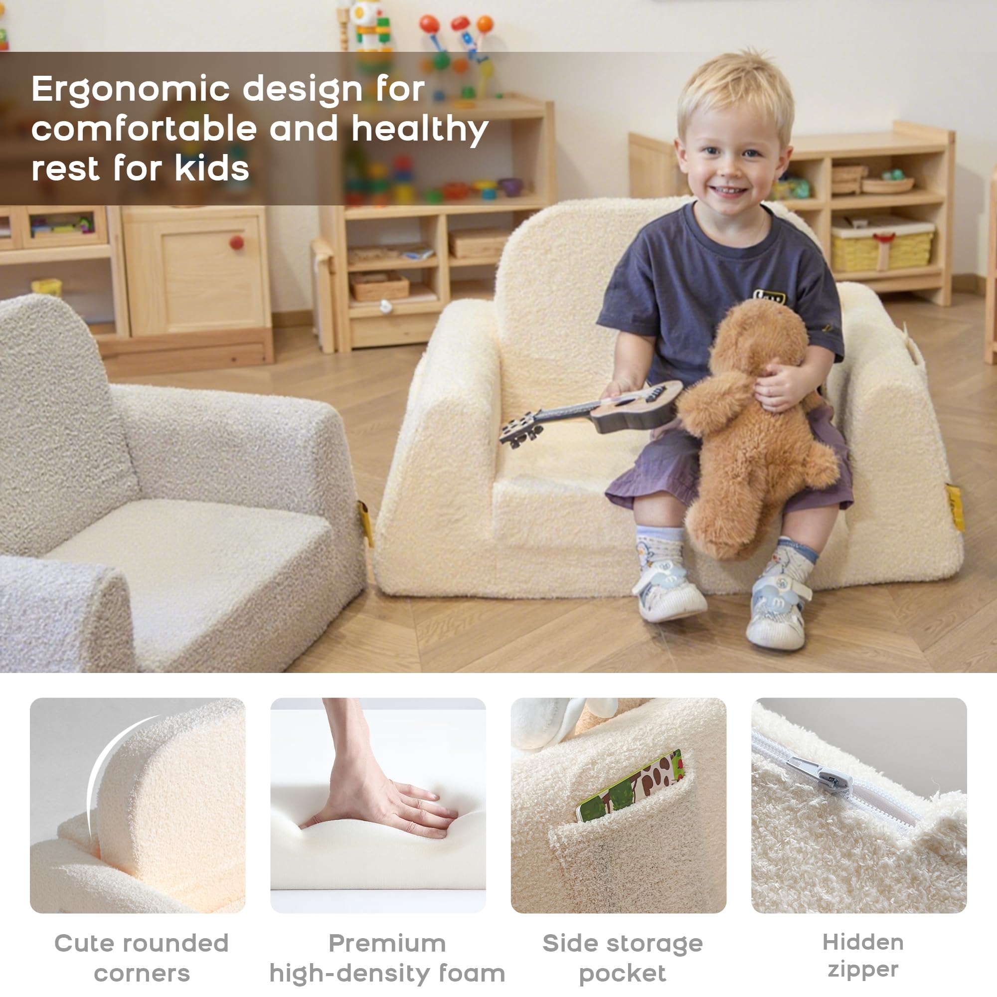 BanaSuper Kindersofa Ausklappbar, Kinder Faltsofa 2-in-1 mit Schlaffunktion, Spielsofa für Kinderzimmer & Reise, EN71 Geprüft Kindersessel, Geschenk für Jungen Mädchen (Beige)