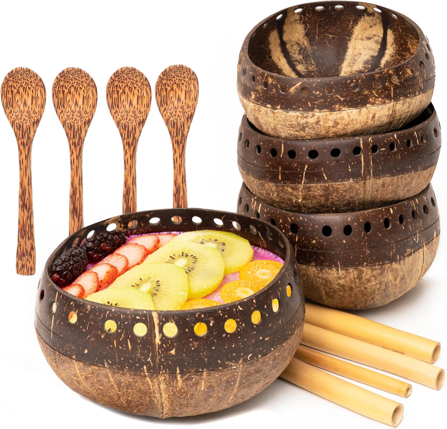 Rainforest Bowls Set of 4 Jumbo Two-Toned Punchout Coconut Bowls, 4 Wood Spoons & 4 Reusable Bamboo Straws- 100% Natural, Hand Carved by Artisans, Eco-Friendly & Sustainable- Smoothie/Acai/Salad Bowls
