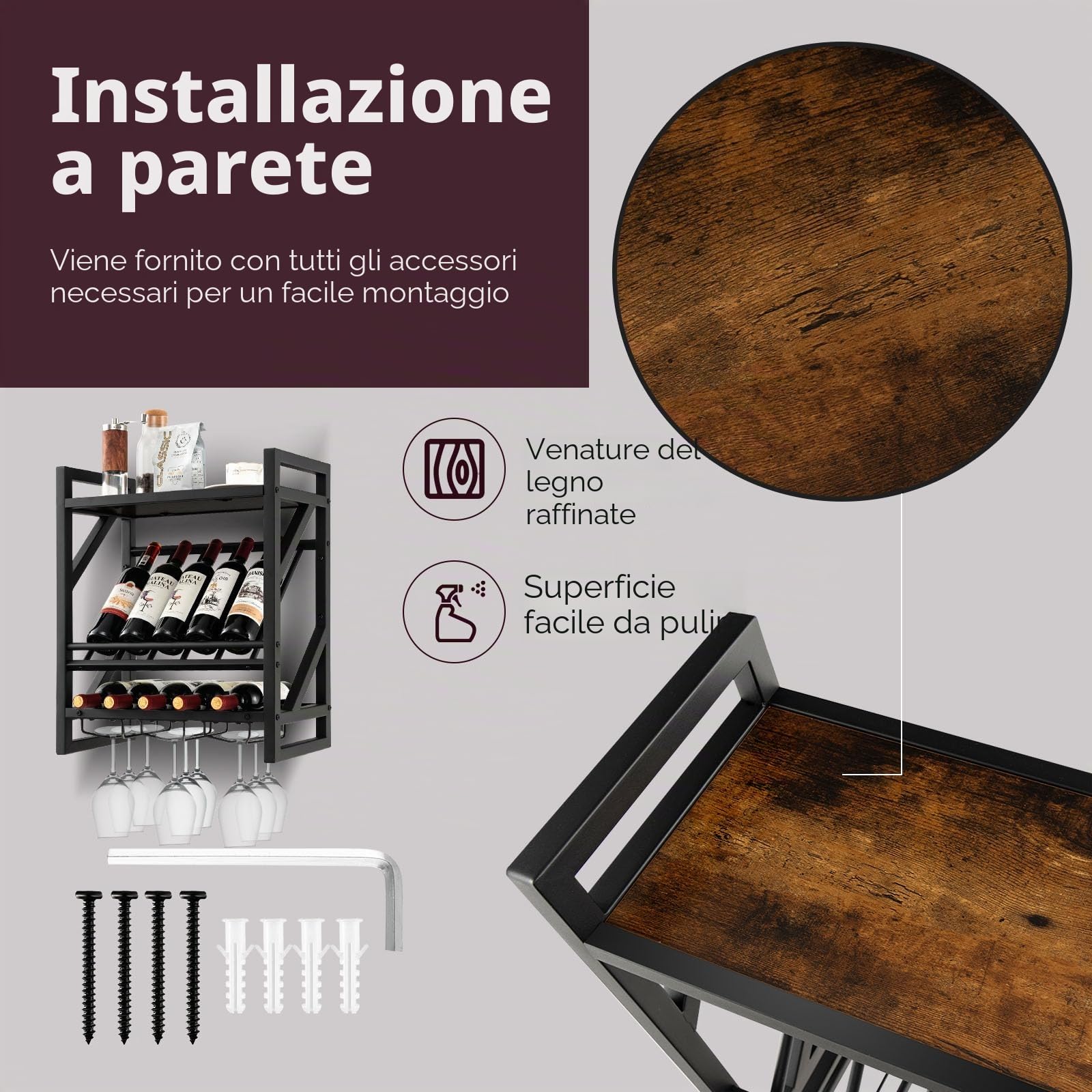 KOMFOTTEU Cantinetta a Parete, Scaffale Vino Decorativo con Portacalici per Coppe, Supporto per Bottiglie Appendibile, 20 kg di Carico per Strato, per Cucina, Cantina, Bar (51 x 26,5 x 60 cm)