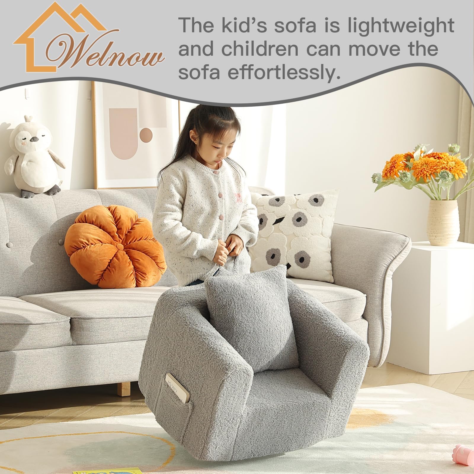 Sofá para niños con almohada, acogedora silla de espuma suave para leer, sofá infantil con reposabrazos, muebles ligeros y cómodos para niños, dormitorio, sala de juegos para niños y niñas, 5