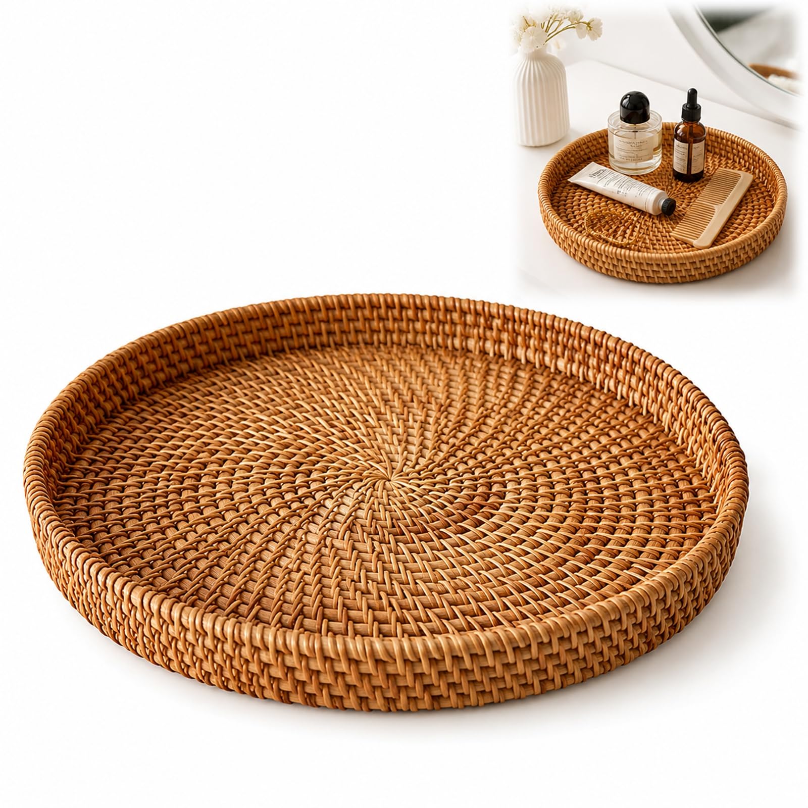 Round Rattan Serving Tray 22 cm - Hand Woven Wicker Tray for Coffee Table Bathroom Vanity, Natural Boho Storage Organiser for Snacks Fruit Bread Drinks Cosmetics Keys, 22 x 3 cm