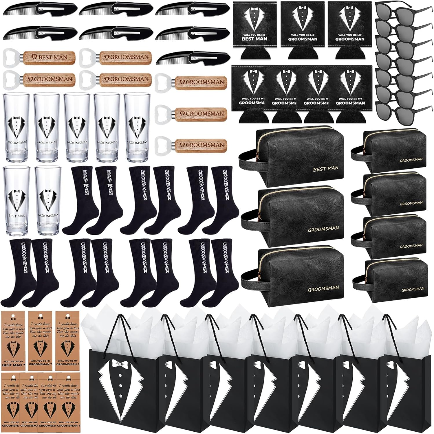 60Pcs Groomsmen Gifts Groomsmen Proposal Box with Shot Glasses Socks Sunglasses PU Leather Toiletry Bag Bottle Opener Can Cooler Groomsman Gifts for Wedding Groomsmen Best Man Gift (60, Brown)