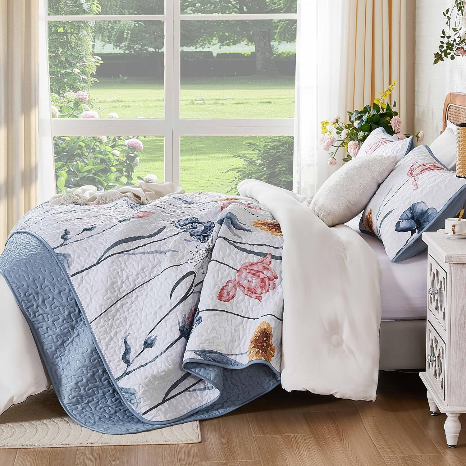 WONGS BEDDING Floral Quilt Set Queen,3 Pieces Blue & Pink Bedspread Coverlet Set Botanical Bedspreads Bed Cover Quilts,Soft Lightweight Farmhouse Flower Bedding Set for Spring Summer(96"x90") - Image 3