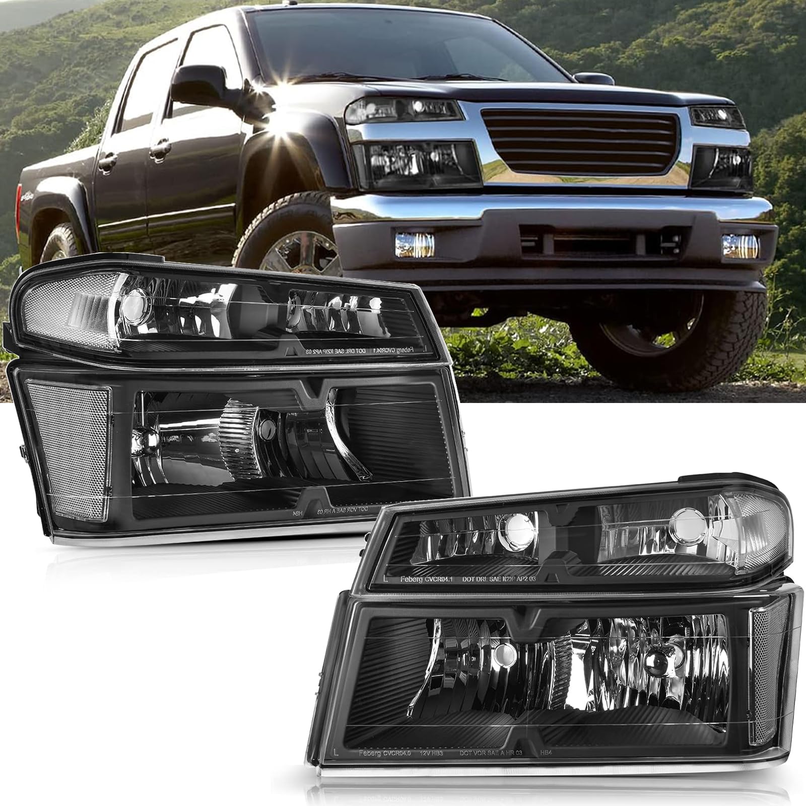 Headlight Assembly Compatible with 2004-2012 Chevy Colorado/GMC Canyon 2006-2008 Isuzu I-Series Headlight Headlamp[ DOT and SEA][Halogen Type][Passenger & Driver Side] Black Housing Clear Cormer