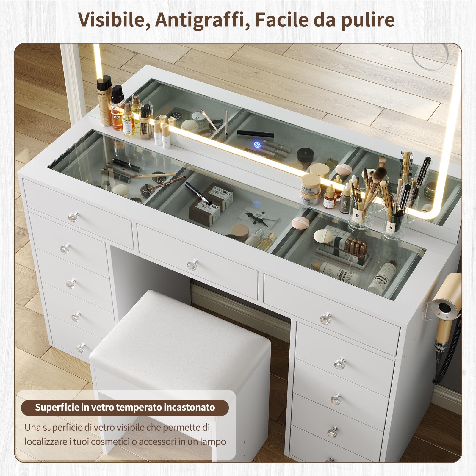 Yanosaku Postazione Trucco con Specchio LED e Sgabello, 11 Cassetti, Toeletta Trucco con Piano in Vetro e Prese di Corrente, Vanity Moderna Bianca per Camera da Letto