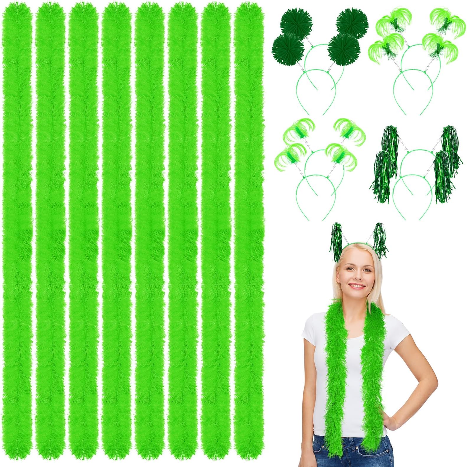 8 Pcs 5 ft Feather Boas Artificial Fluffy Boas and 8 Pcs Pom Pom Headbands Tinsel Wrapped Ponytails Headbopper