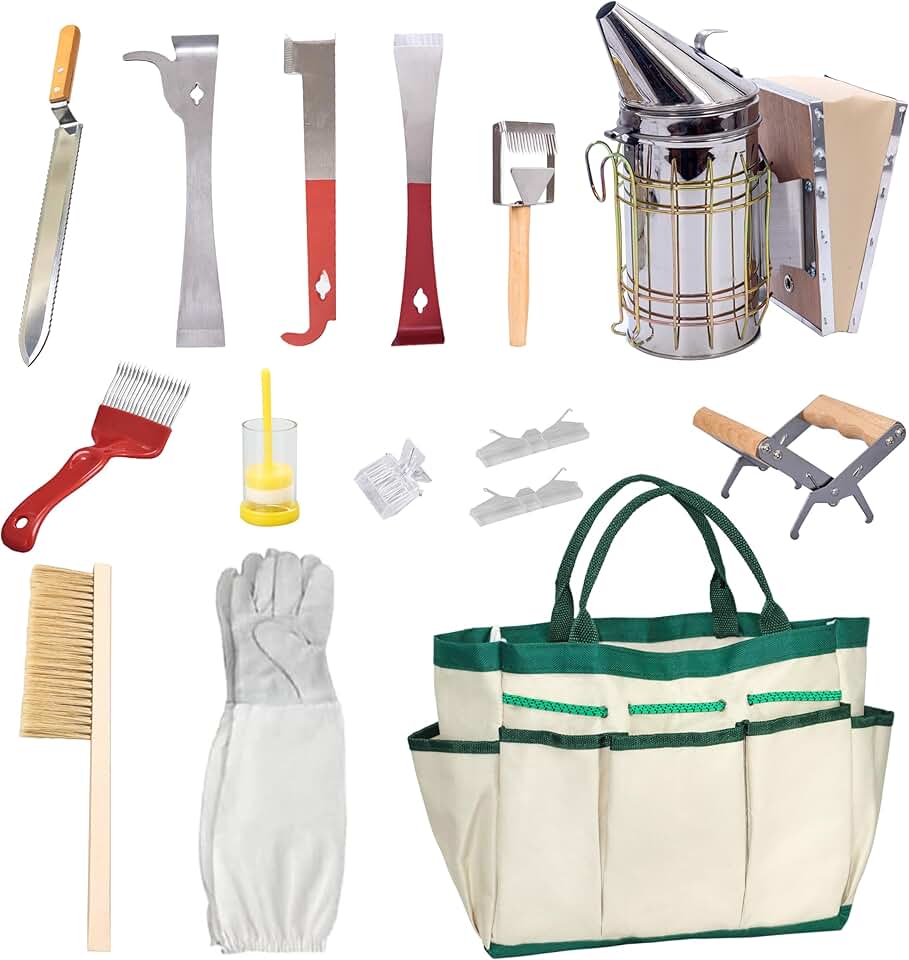 BeeCastle 14 Pcs Beekeeping Tools Starter Kit, Bee Keeping Supplies-All Bee Hive Tools Kit with Organizer Tote and Beekeeping Gloves for Beginners and pro Beekeepers
