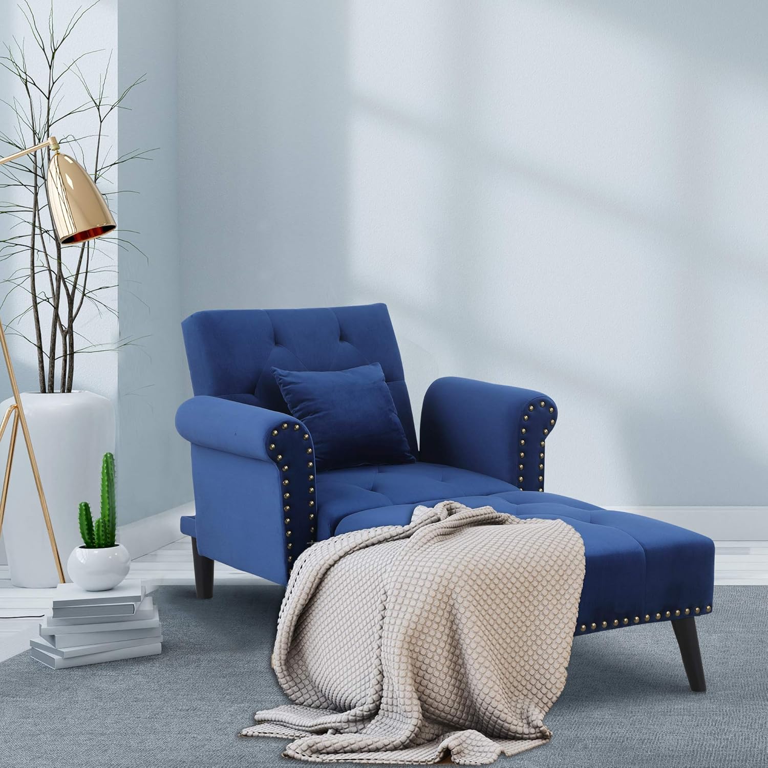 HOMCOM 2-in-1 Chaise Lounge Chair with Thick Padding Armrest, Adjustable Reclining Backrest, Velvet Touch Fabric, Pillowand Wooden Legs for Bedroom, Living Room, Blue : Home & Kitchen