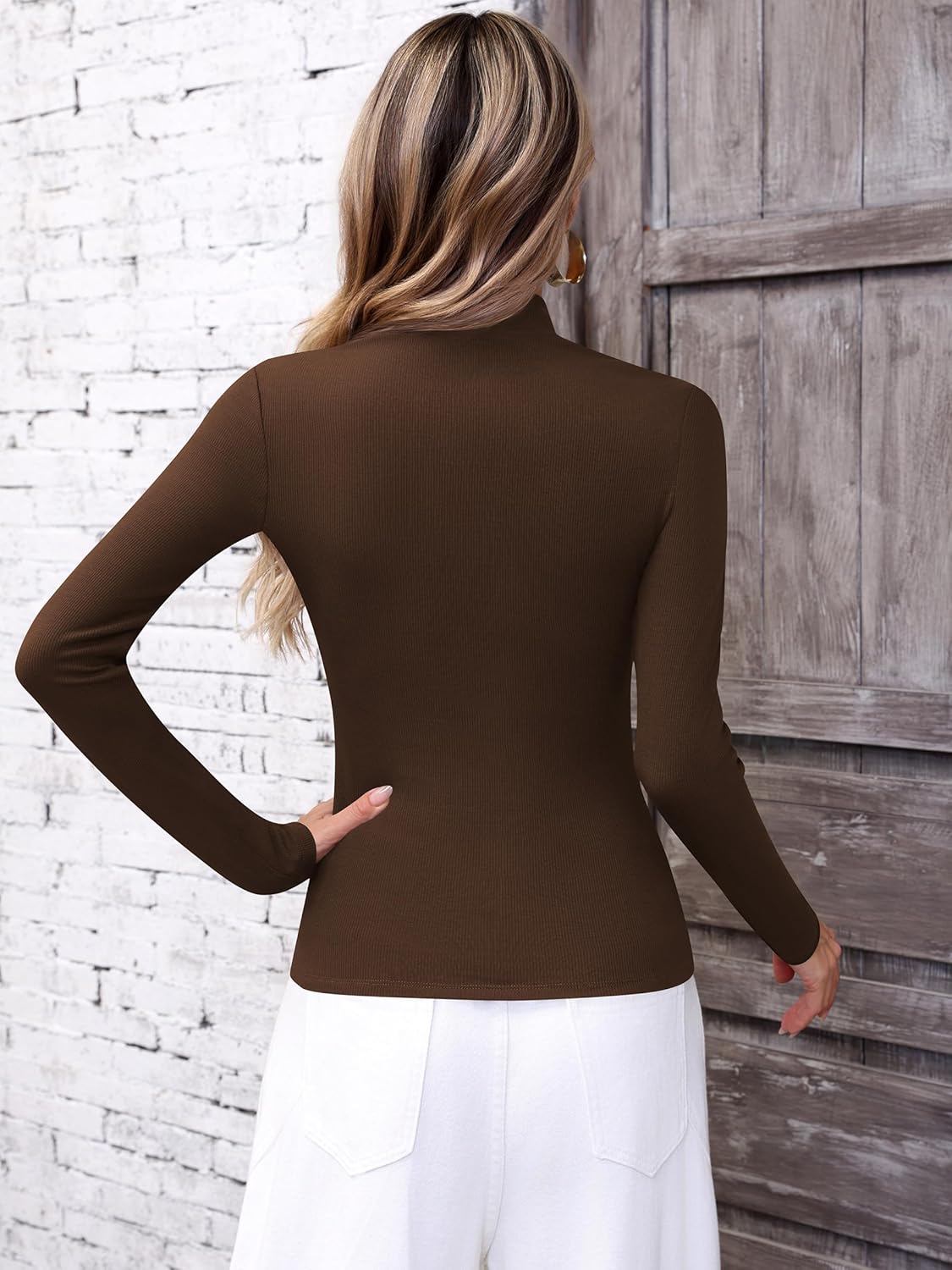 Laughido Women's Mock Neck Long Sleeve Ribbed Knit Fleece Slim Fit Casual Basic Crop Top Tee Shirt 2025 Trendy - Image 6