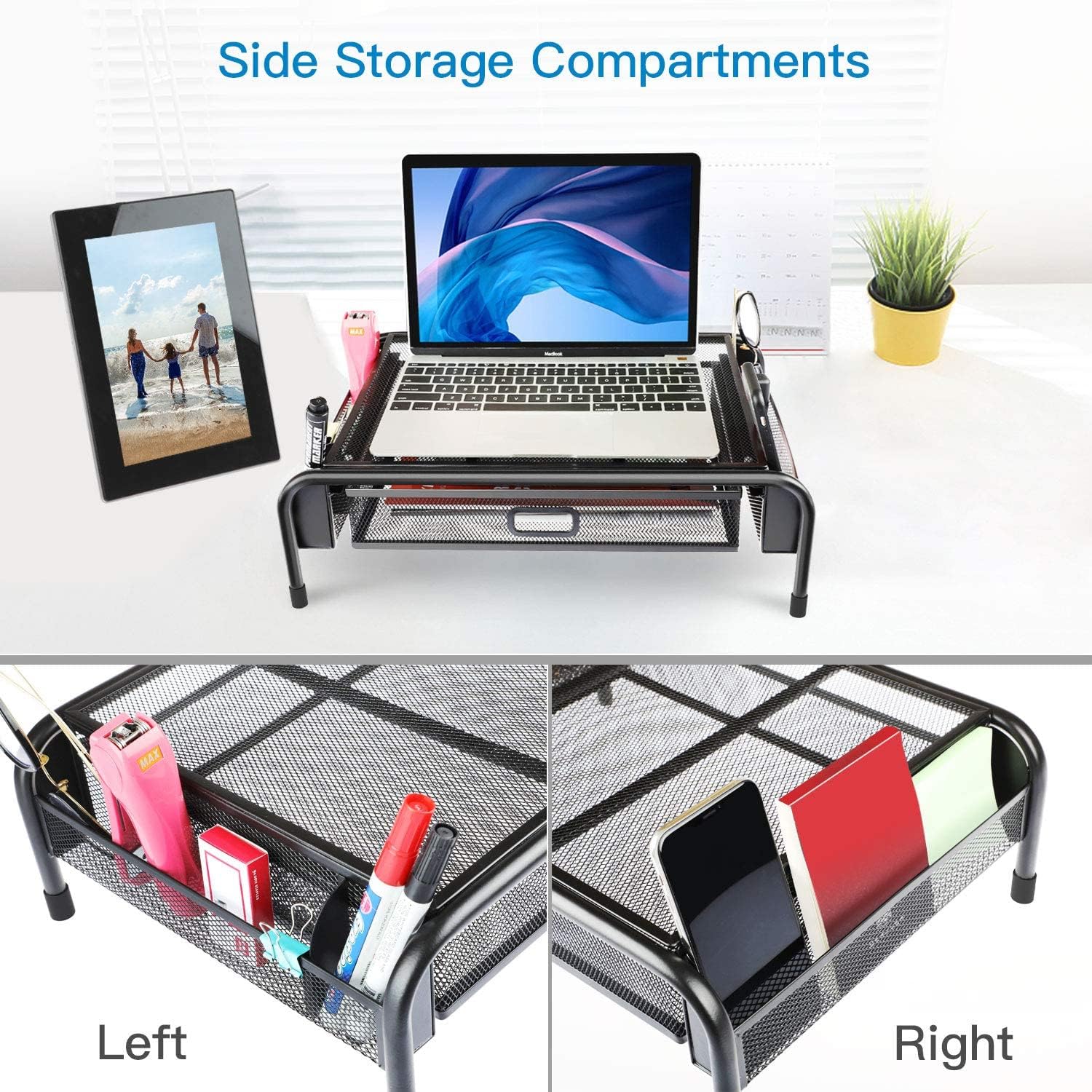 80% Off Discount HUANUO Monitor Stand Riser with Drawer, Mesh Metal Stand Riser with Pull Out Storage Drawer and Side Compartments Pockets for Computer, Laptop, iMac, Desk, Pens, Phones