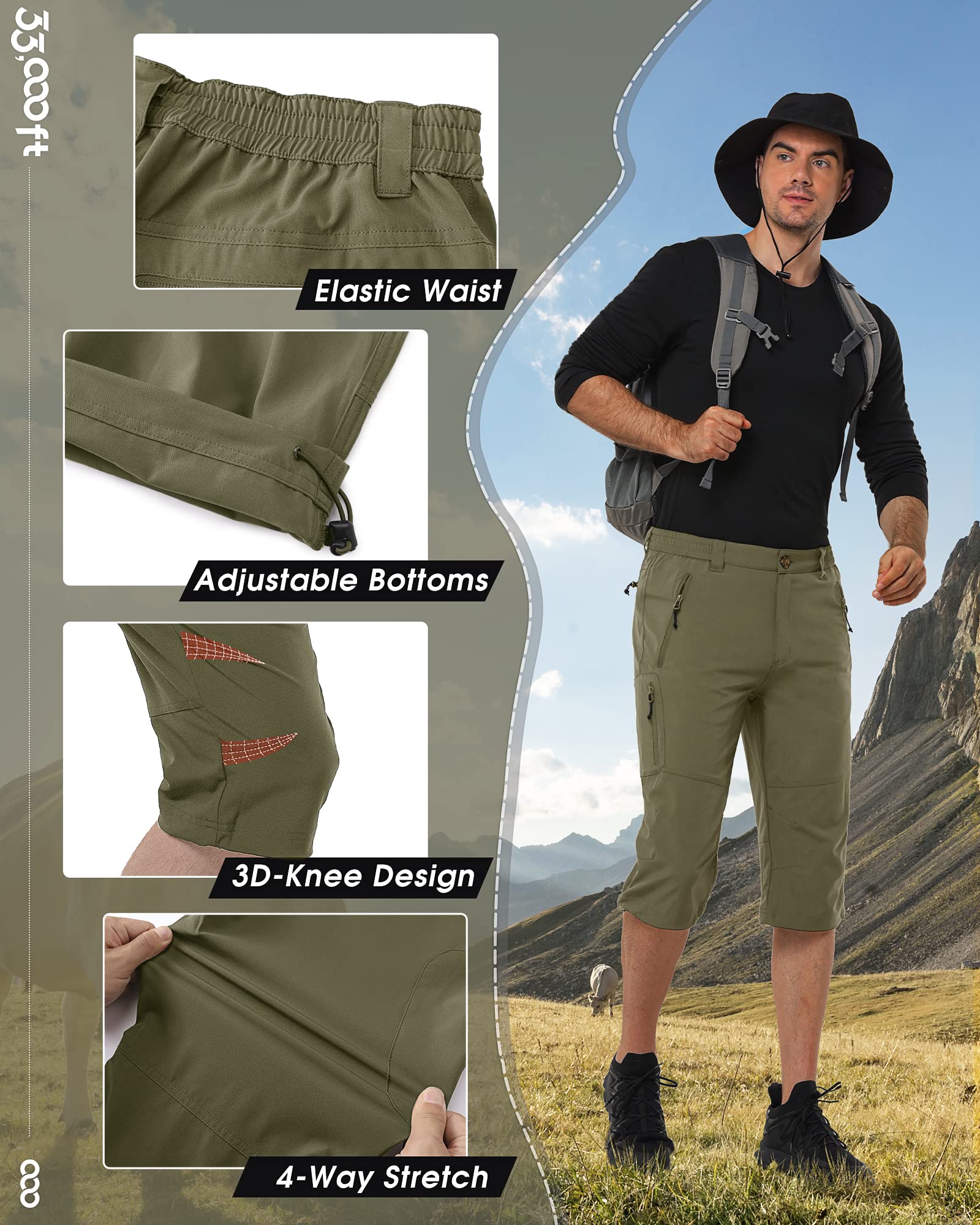 33,000ft Męskie spodnie cargo 3/4, krótkie spodnie trekkingowe, rozciągliwe, lekkie spodnie rowerowe, na lato, Capri, spodnie outdoorowe, UPF 50+, z wieloma kieszeniami, do wędrówek, biegania, jazdy
