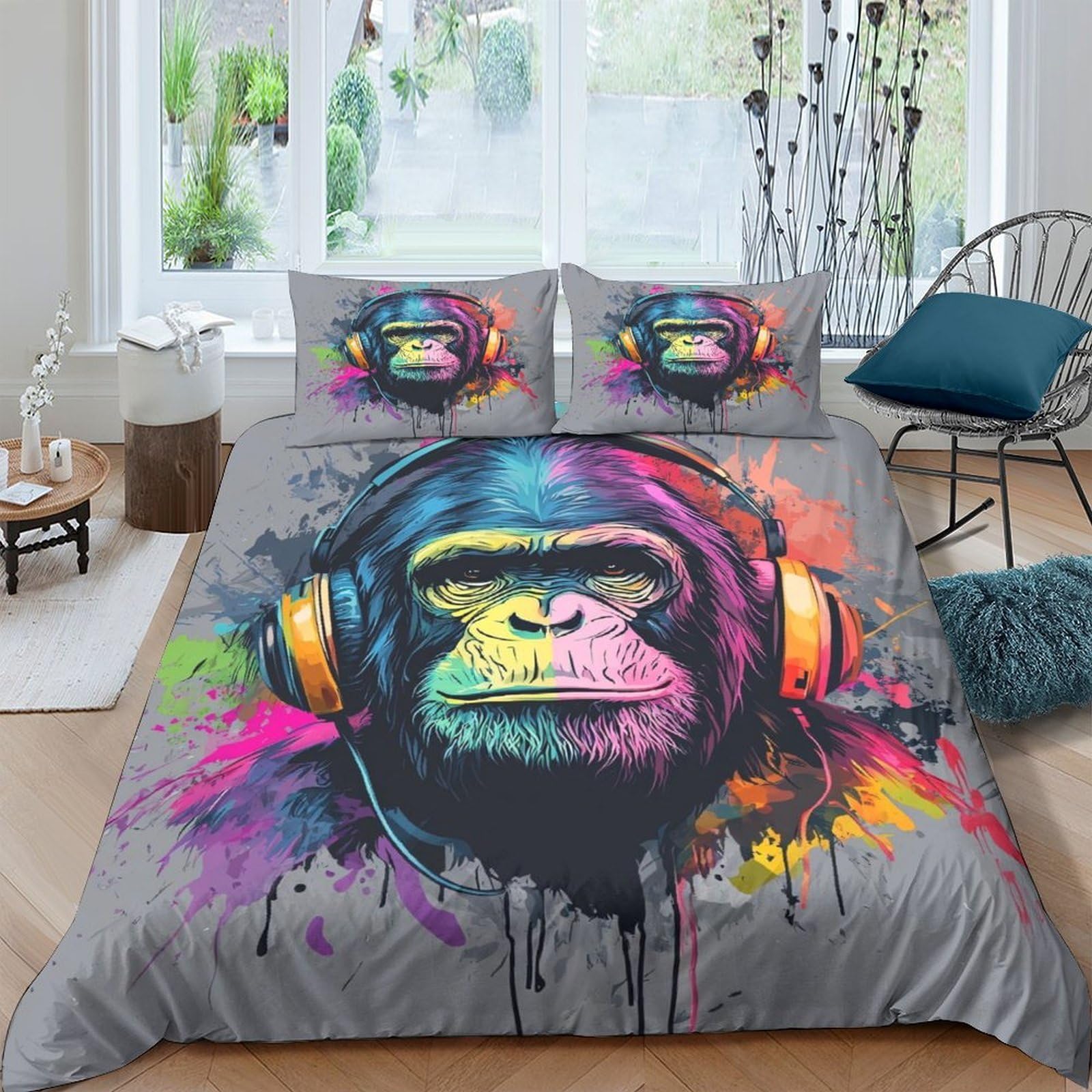 Ctjqhvkz Style-8 3D Printed Headphone Monkey Fitted Sheet Microfiber Colorful Art Bed Cover For Bedroom Guest Room Mattress Protection Decor Single（135X200cm）