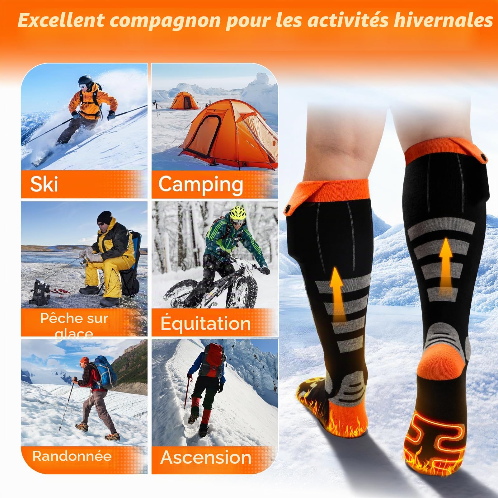 Chaussettes Chauffantes 5000mAh x 2 Batterie Rechargeable Contrôle APP 4 Températures pour Ski